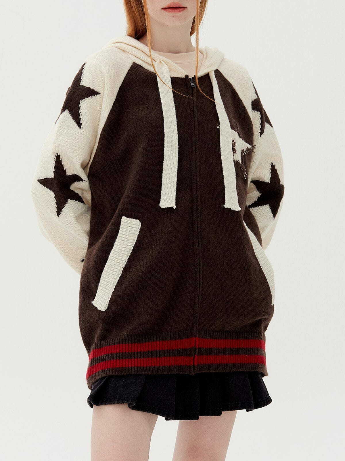 Y2K Grunge Aesthetic Patchwork Pentagrams Knit Hoodie - Vintage 90s Style for Trendy Outfits