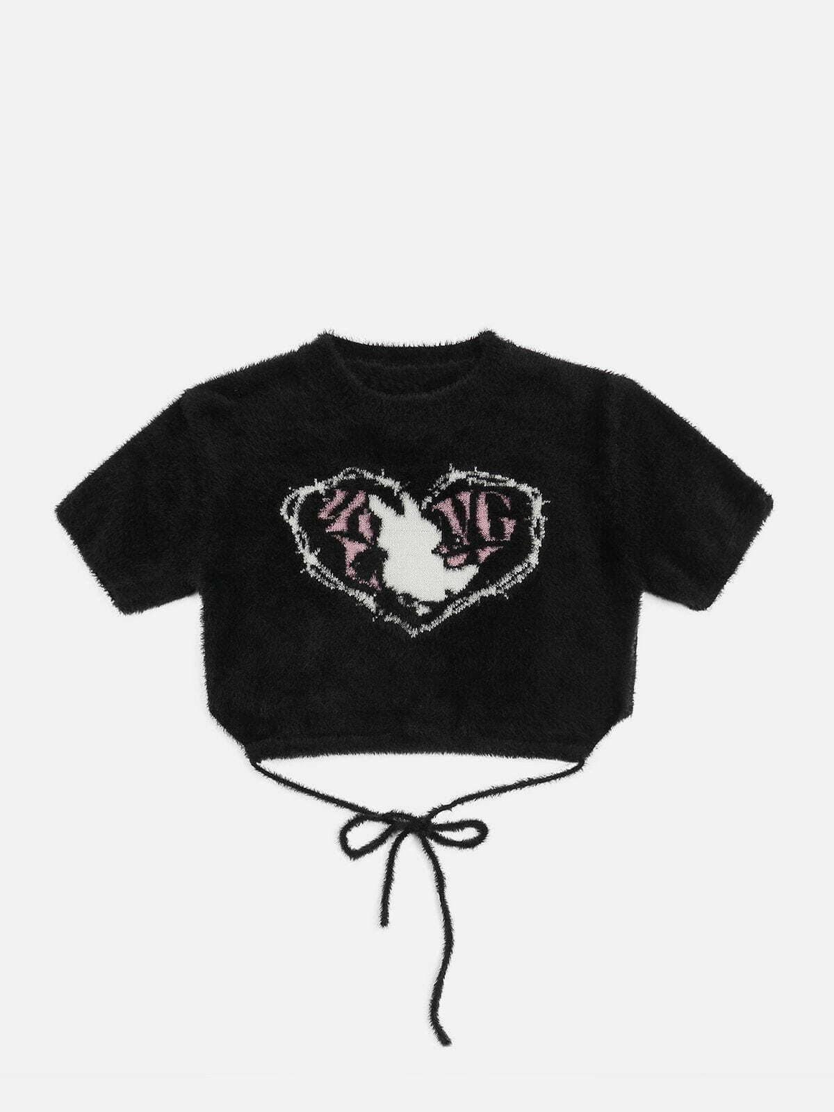 Y2K Grunge Aesthetic Rabbit Heart Embroidery Tee - Vintage 90s Style Summer Outfit