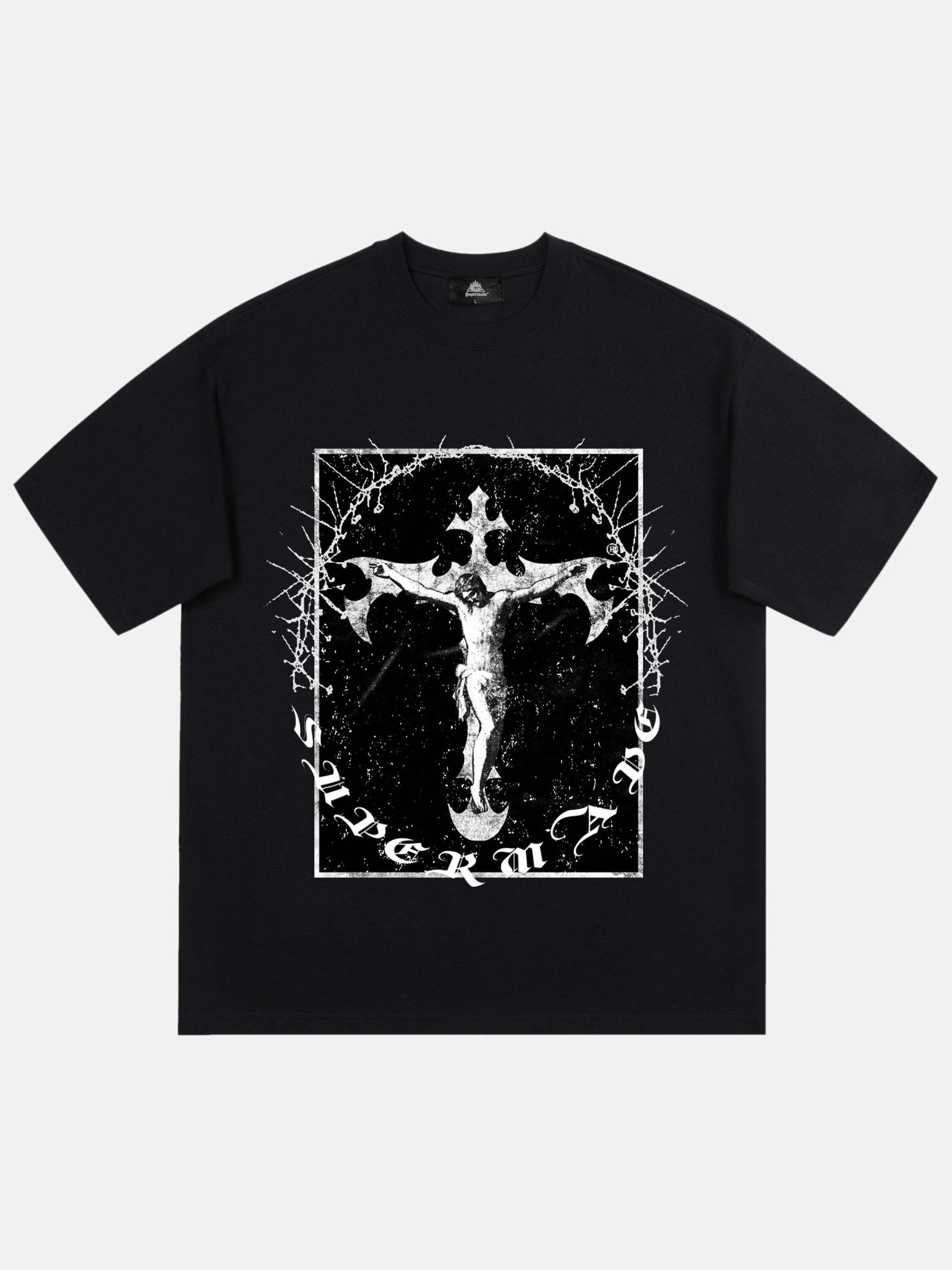 Y2K Grunge Aesthetic Retro Street Jesus Cross Print Tee - 90s Fashion Must-Have Top