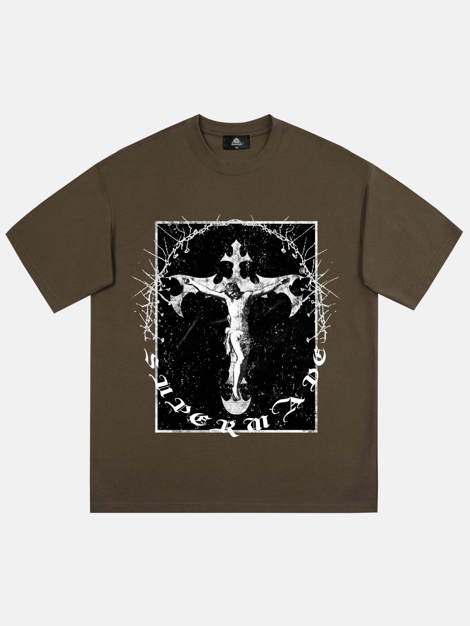 Y2K Grunge Aesthetic Retro Street Jesus Cross Print Tee - 90s Fashion Must-Have Top