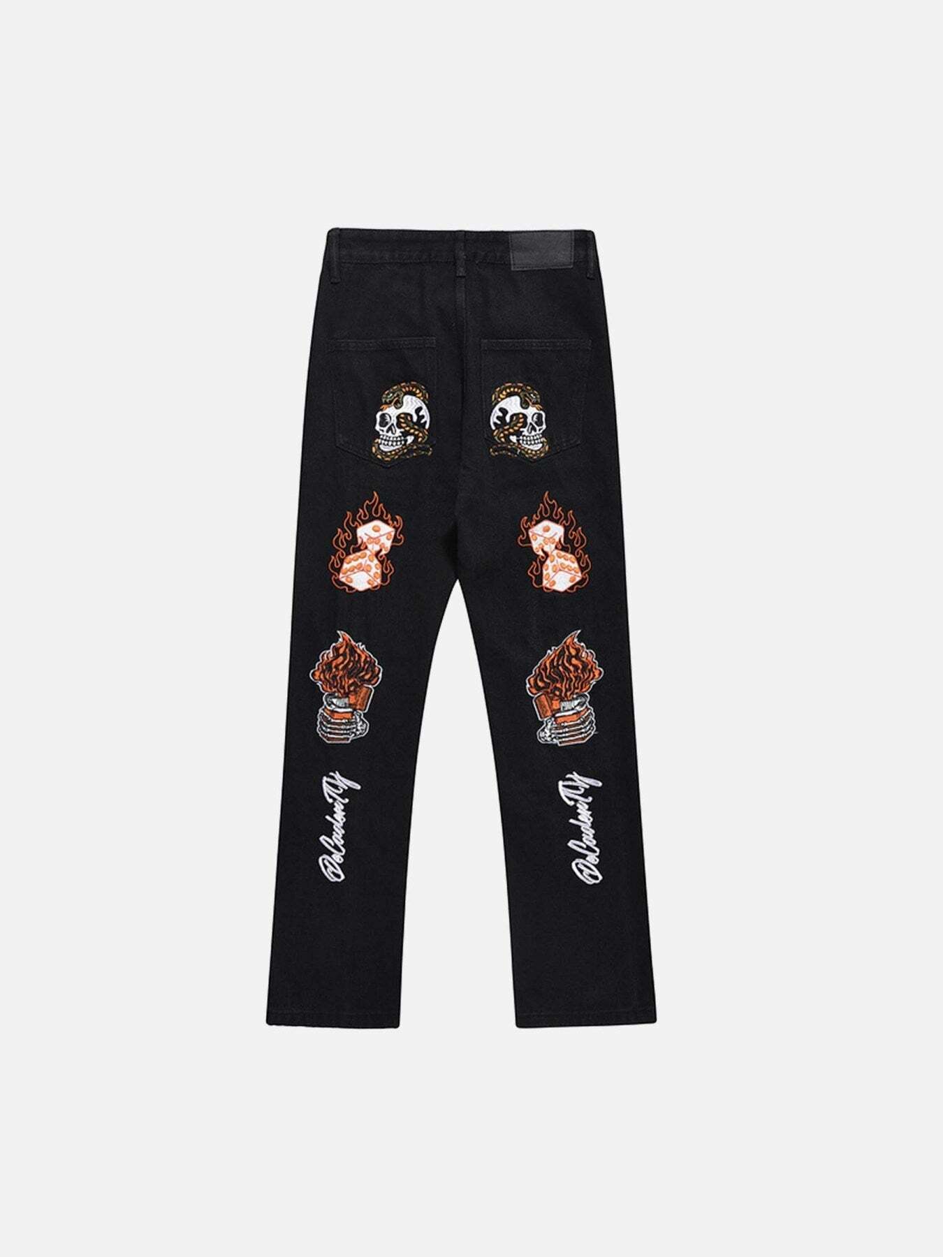 Y2K Grunge Aesthetic Skull Flame Monogram Embroidered Slim Fit Jeans for Trendy Outfits