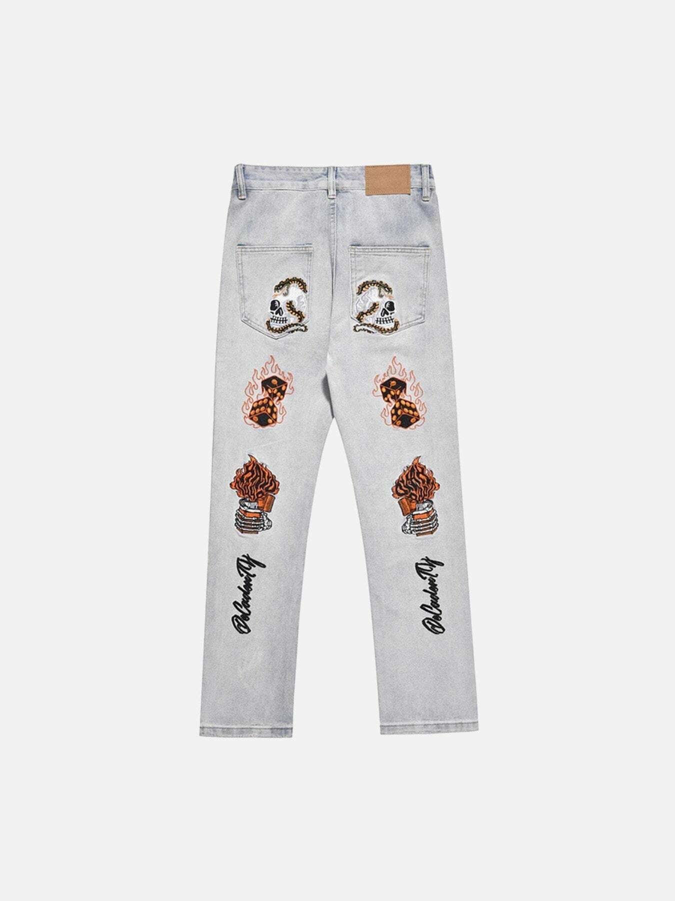 Y2K Grunge Aesthetic Skull Flame Monogram Embroidered Slim Fit Jeans for Trendy Outfits