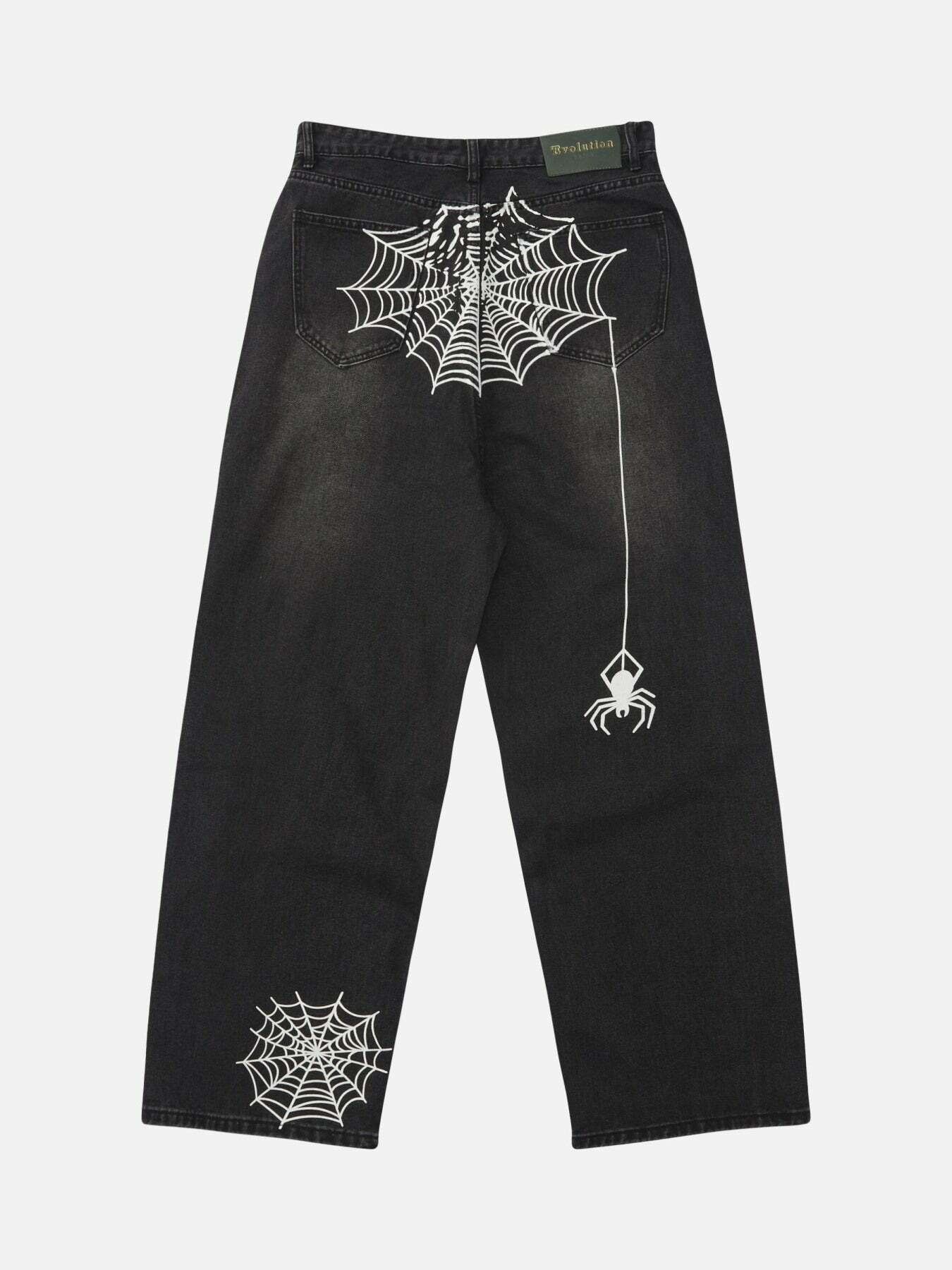 Y2K Grunge Aesthetic Spider Printed Jeans - Vintage 90s Style Wide Leg Denim for Trendy Outfits