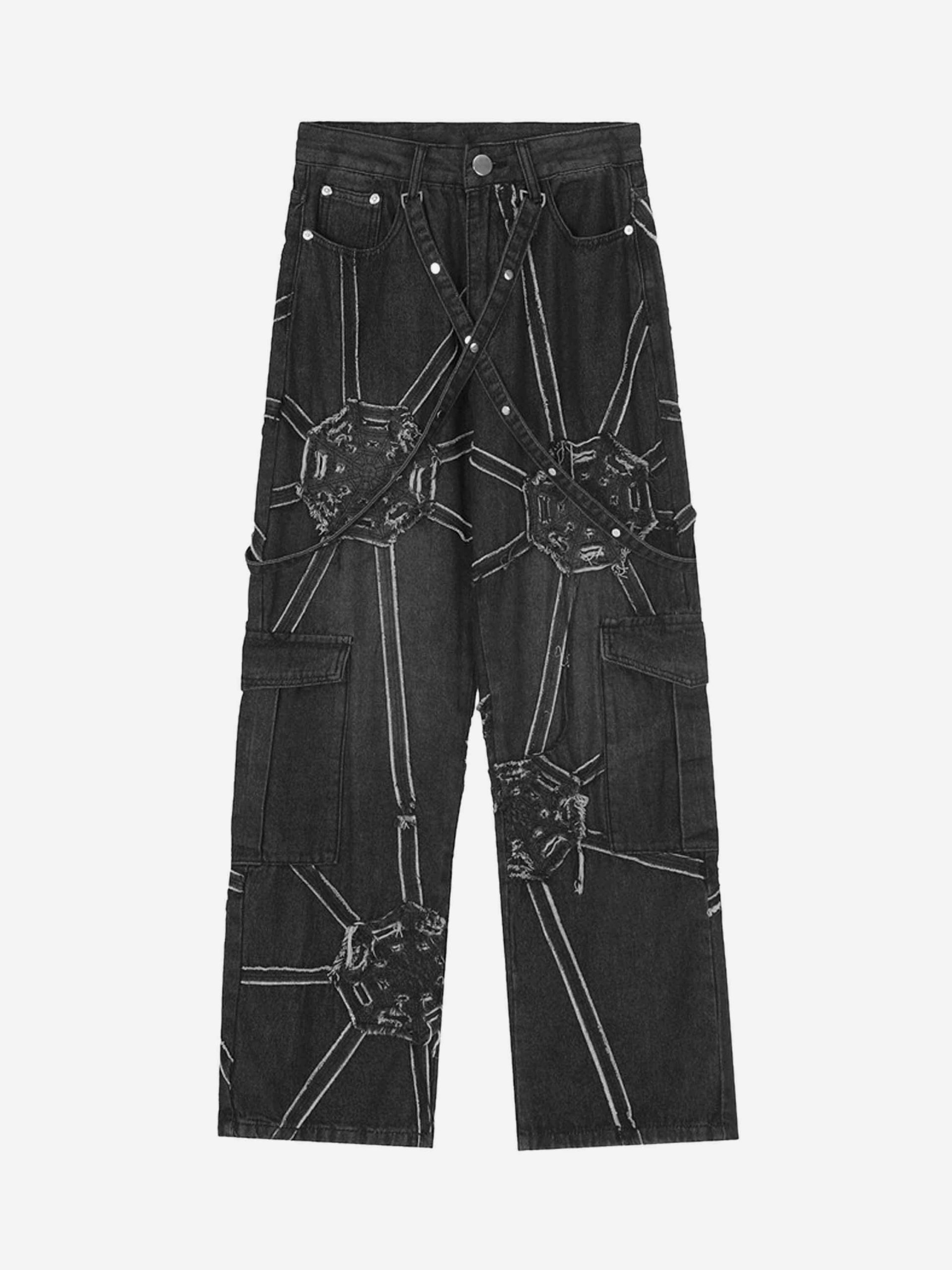 Y2K Grunge Aesthetic Spider Web Denim Straight Leg Cargo Pants for Trendy Summer Outfits