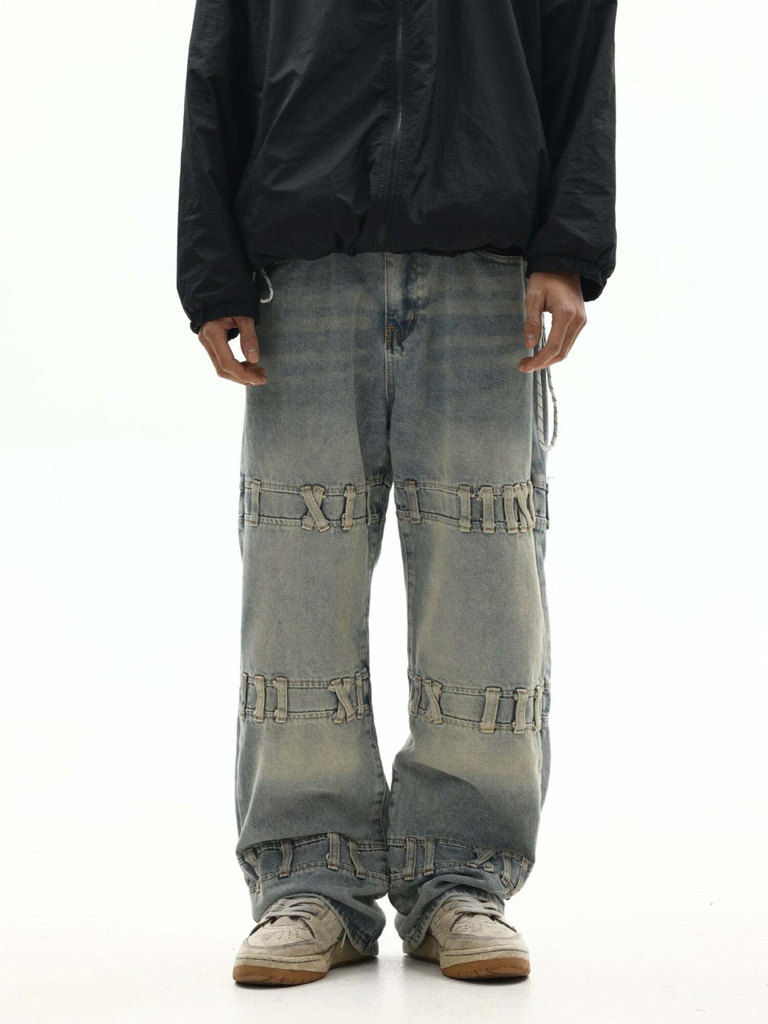 Y2K Grunge Aesthetic Washed Baggy Jeans with Creative Trouser Loop Design for Trendy Outfits