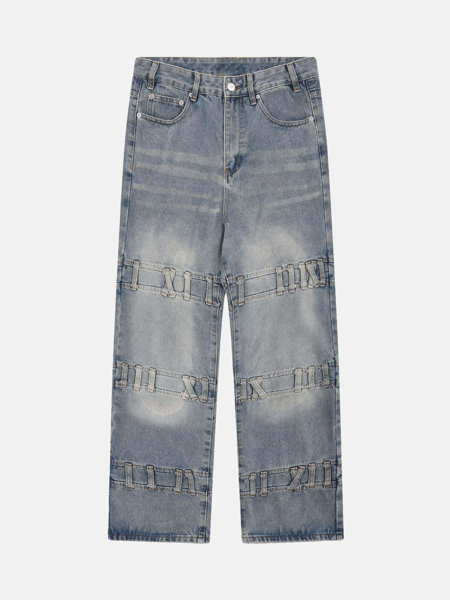 Y2K Grunge Aesthetic Washed Baggy Jeans with Creative Trouser Loop Design for Trendy Outfits