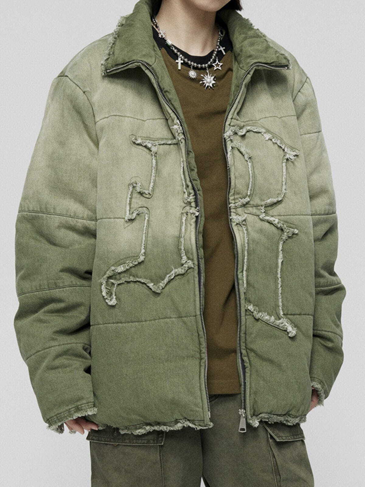 Y2K Grunge Aesthetic Washed Gradient Frayed Winter Coat for Trendy 2000s Fashion Lovers