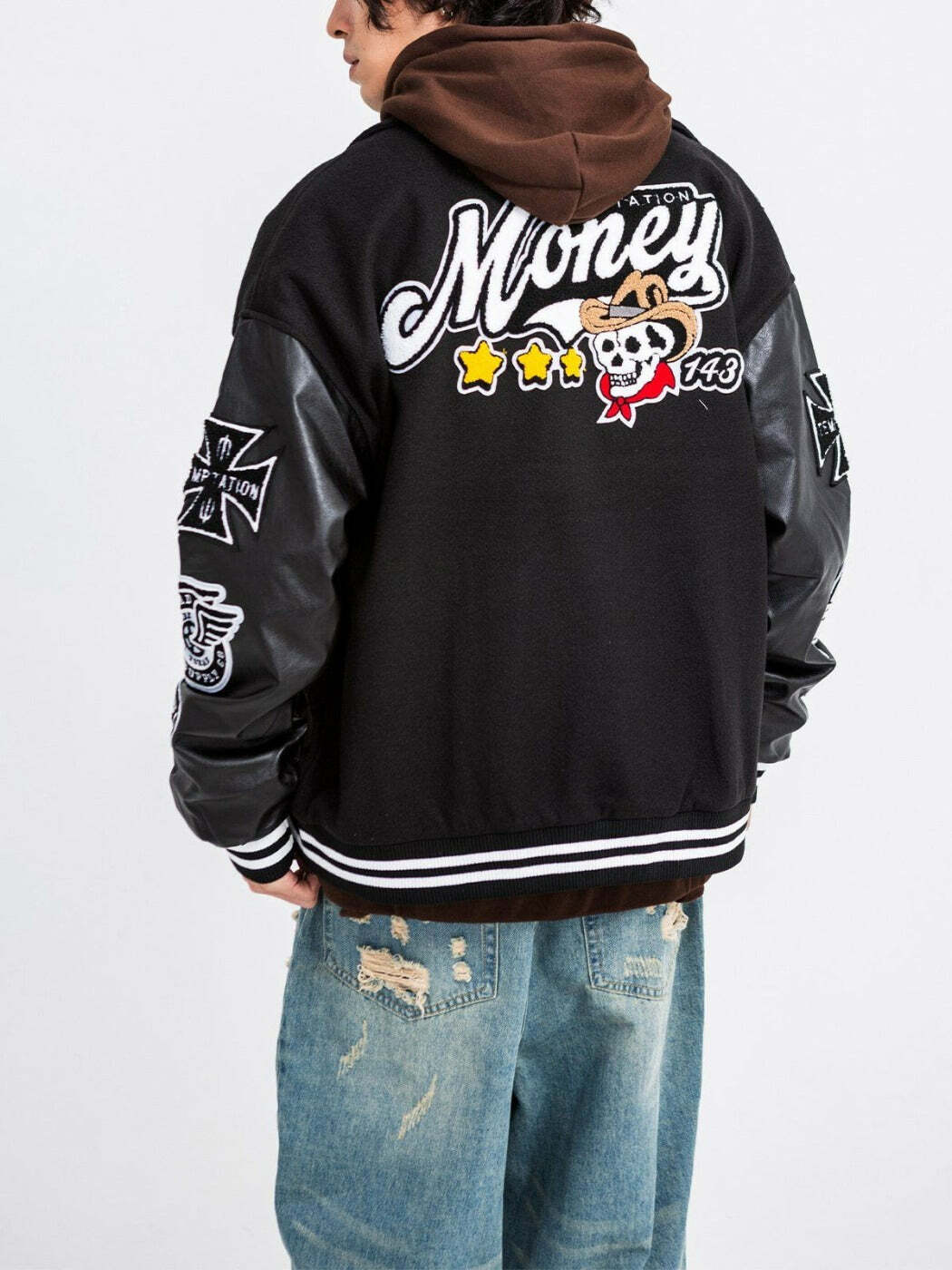 Y2K Grunge Aesthetic Western Cowboy Skull PU Varsity Jacket for Trendy Summer Outfits