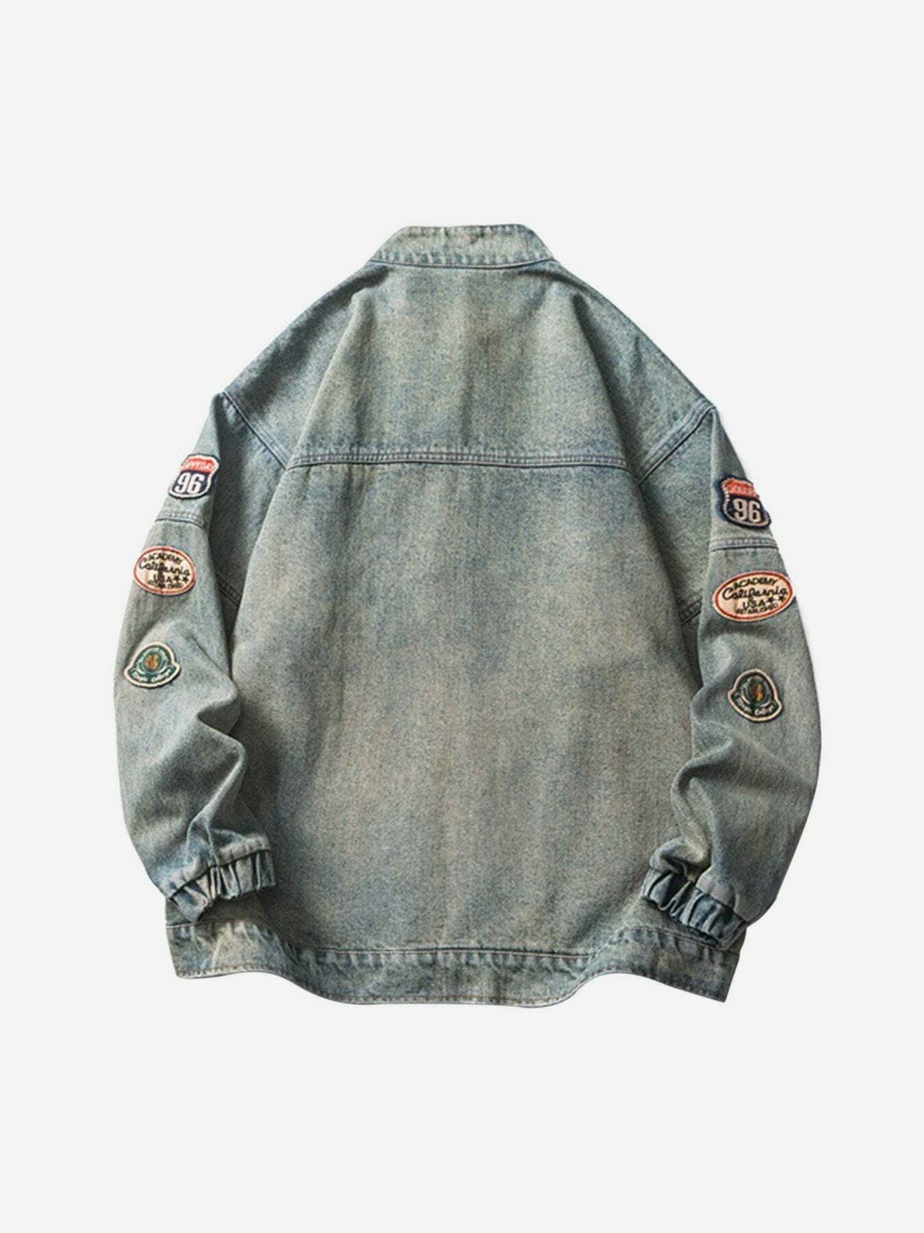 Y2K Grunge Denim Jacket with Hip-Hop Badge Embroidery for Trendy Summer Outfits