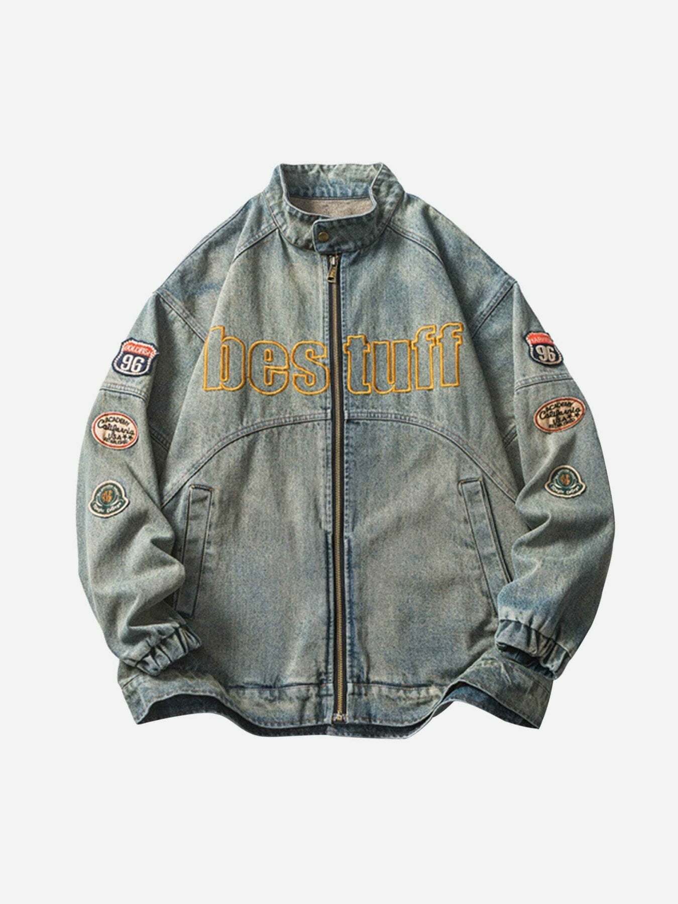 Y2K Grunge Denim Jacket with Hip-Hop Badge Embroidery for Trendy Summer Outfits