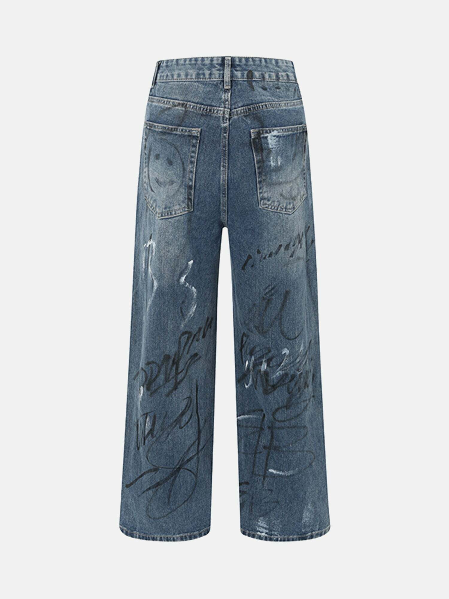 Y2K Grunge Distressed Jeans with Fun Graffiti Print - Trendy Baggy 90s Style Streetwear