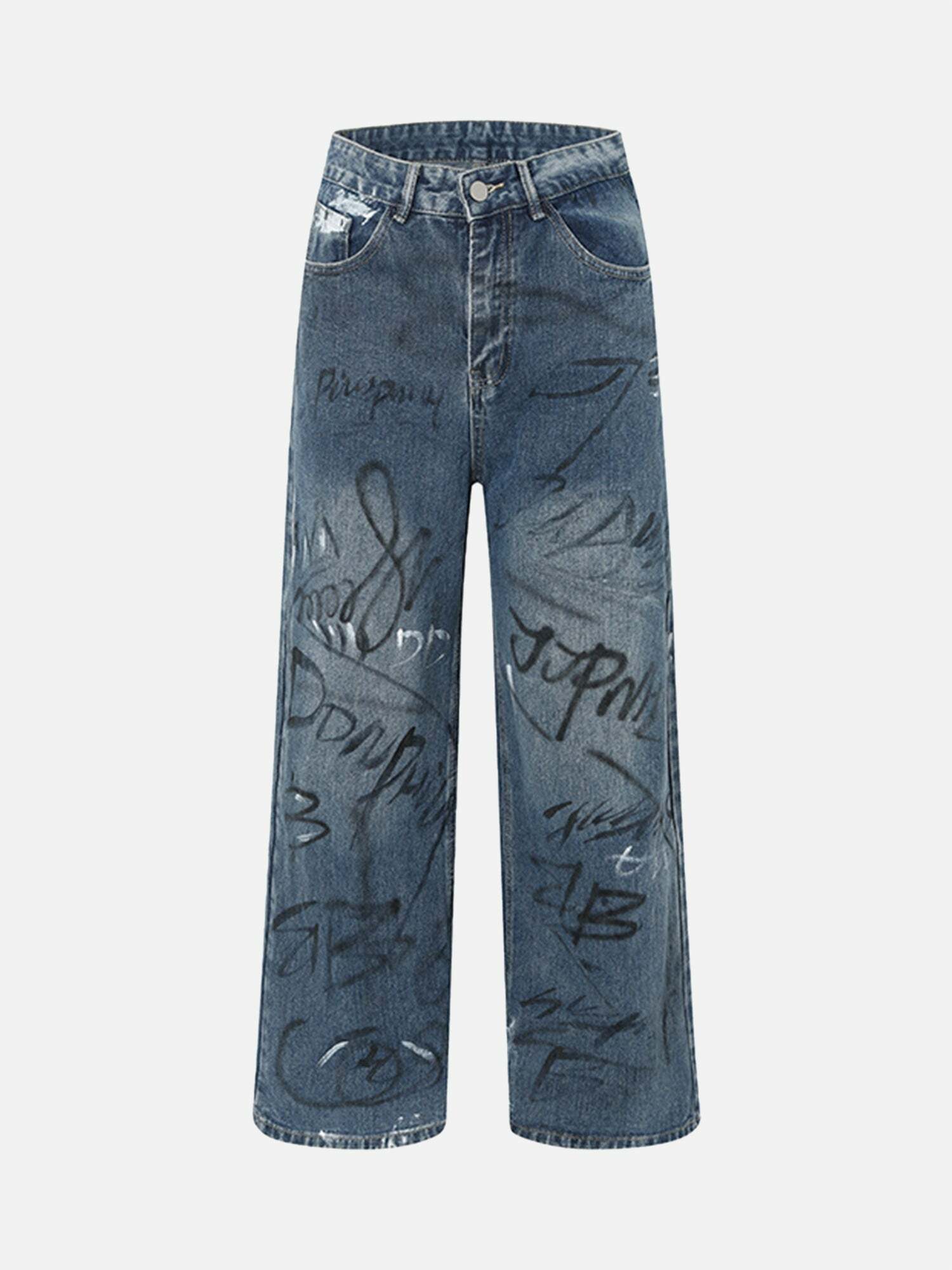 Y2K Grunge Distressed Jeans with Fun Graffiti Print - Trendy Baggy 90s Style Streetwear