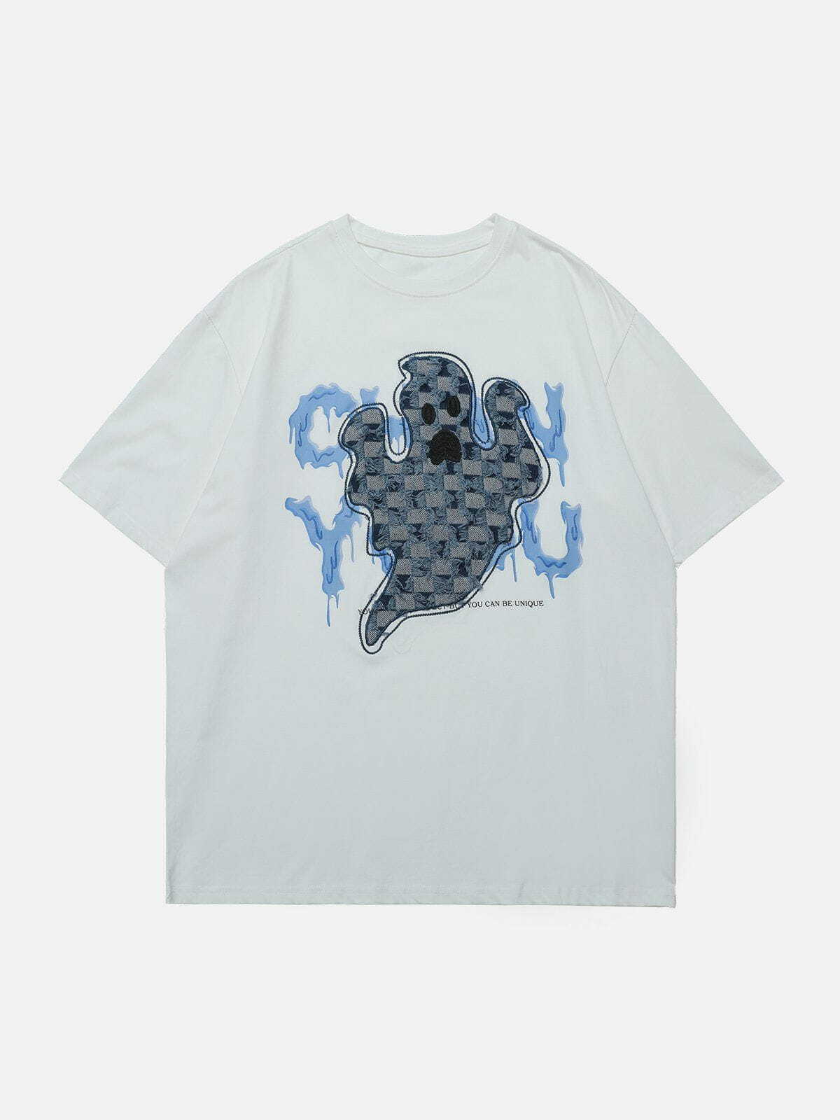 Y2K Grunge Ghost Applique Denim Tee - Vintage 90s Aesthetic Top for Summer Outfits & Casual Looks