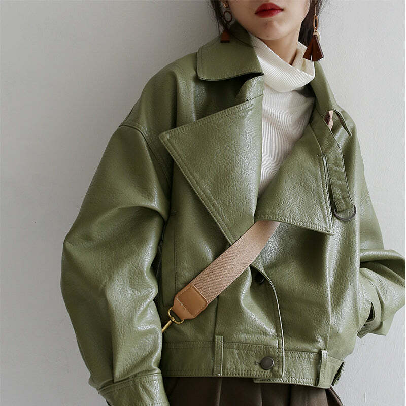 Y2K Grunge Green Leather Jacket - Vintage 90s Style for Summer & Fall Aesthetic Outfits