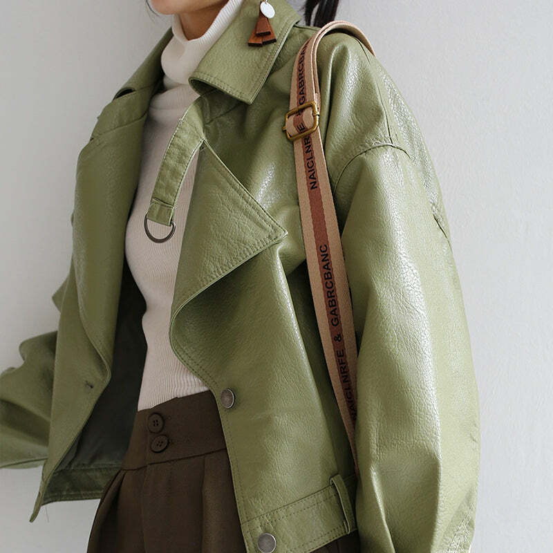 Y2K Grunge Green Leather Jacket - Vintage 90s Style for Summer & Fall Aesthetic Outfits