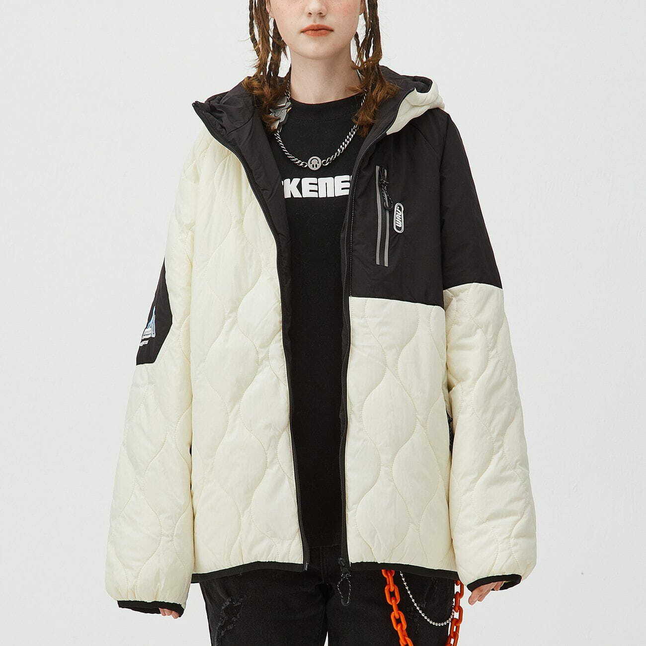 Y2K Grunge Multi-Pocket Stitched Hooded Winter Coat for Cozy Aesthetic Outfits