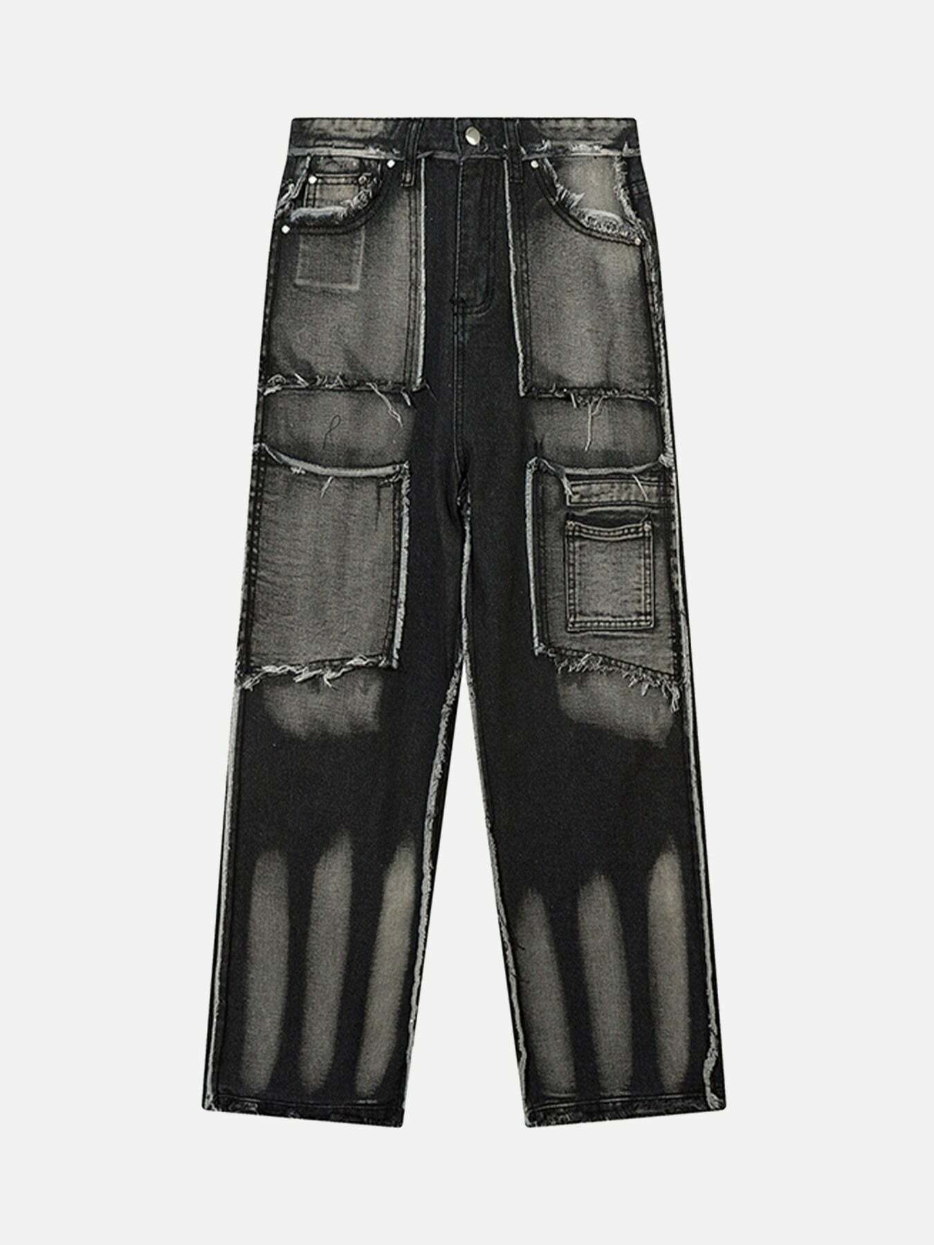 Y2K Grunge Patchwork Jeans - Vintage 90s Style, Ripped Wide Leg Denim for Trendy Outfits