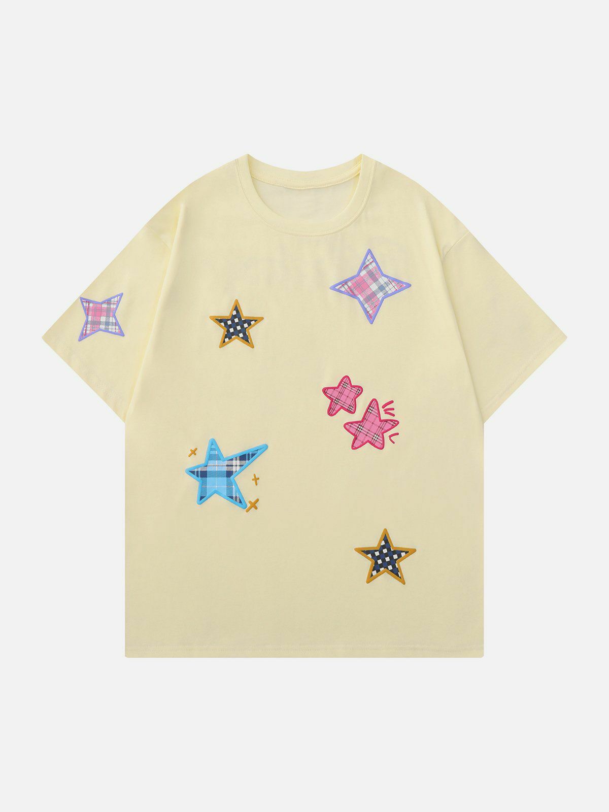 Y2K Grunge Plaid Applique Star Tee - Vintage 90s Aesthetic Top for Summer Outfits & Casual Looks