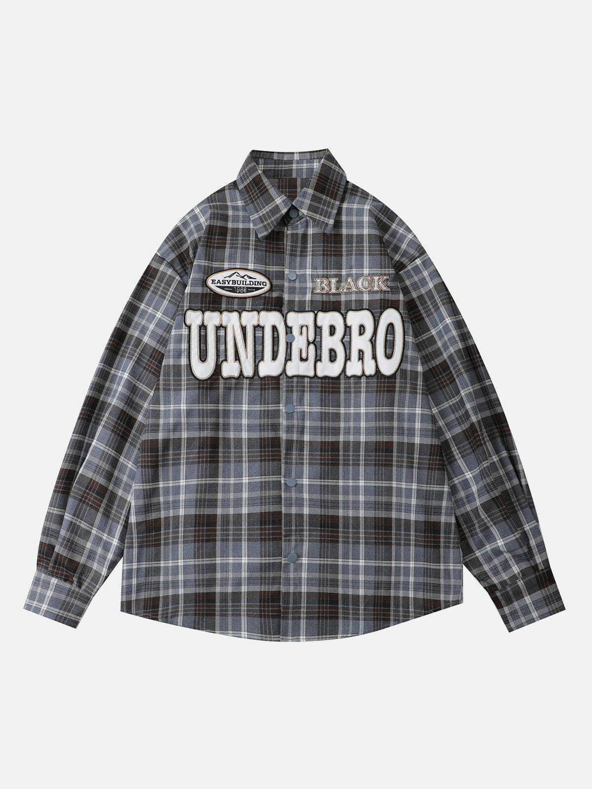 Y2K Grunge Plaid Long Sleeve Shirt with Patch Embroidery - Vintage 90s Aesthetic Top