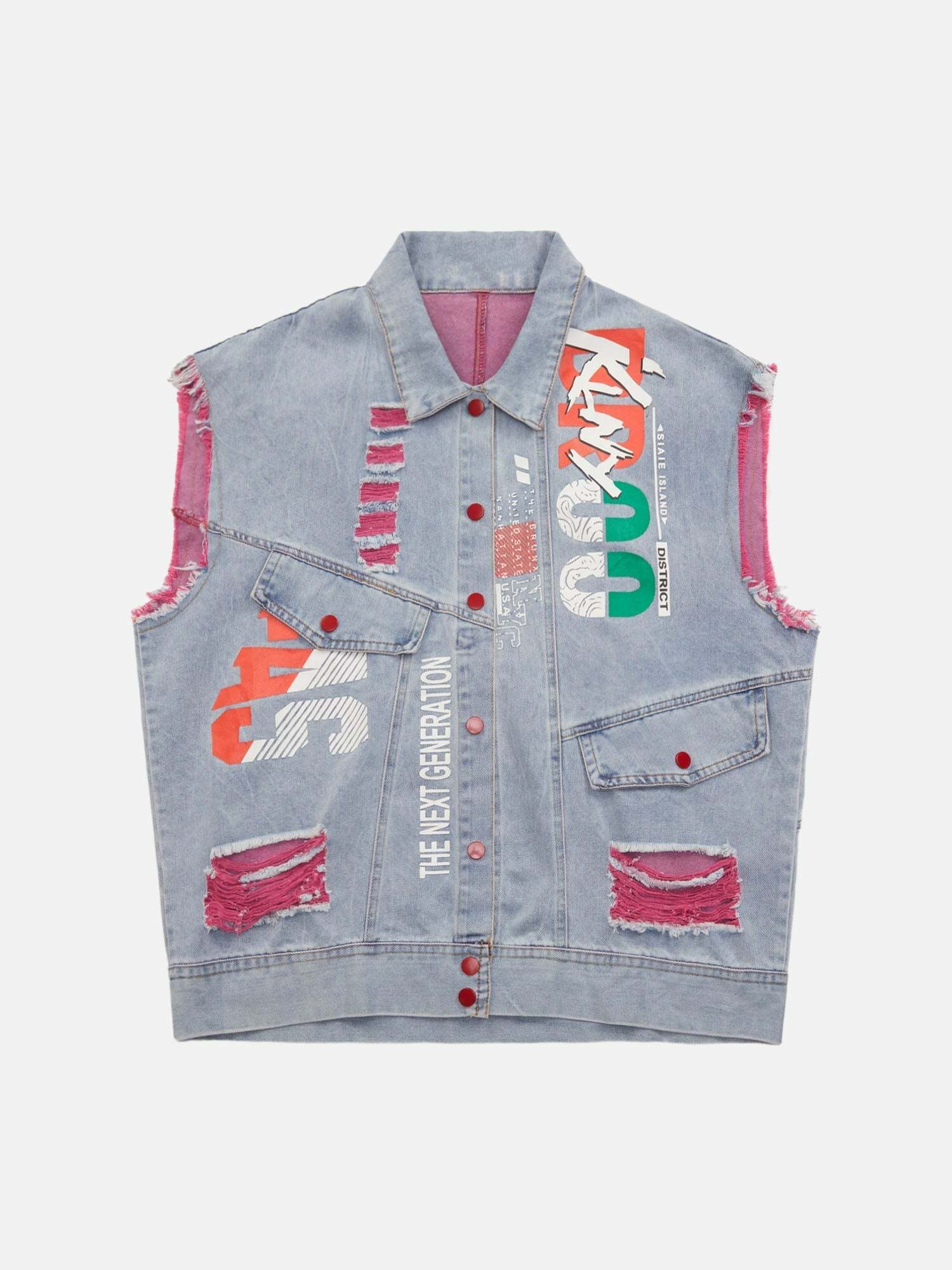 Y2K Grunge Ripped Denim Vest with Graffiti Print - Trendy Streetwear for Summer Outfits