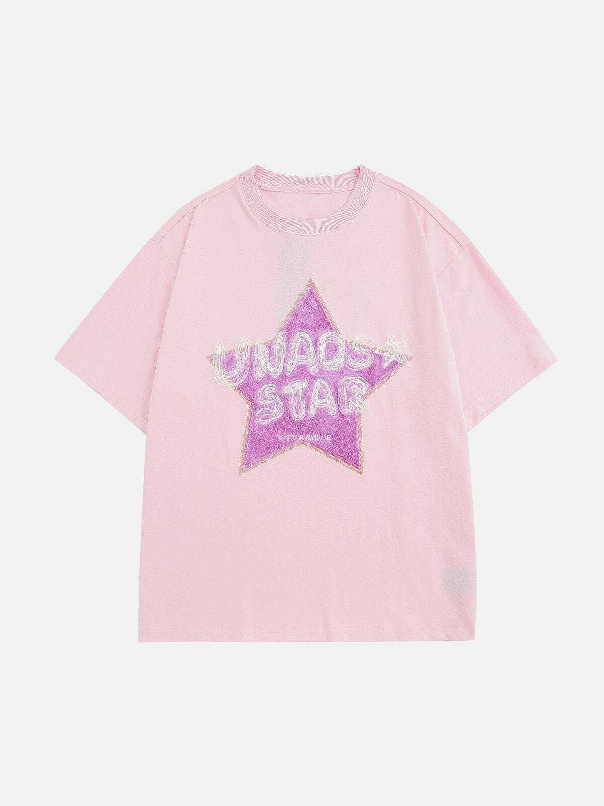 Y2K Grunge Star Embroidery Tee - Vintage 90s Aesthetic Top for Summer Outfits & Casual Looks