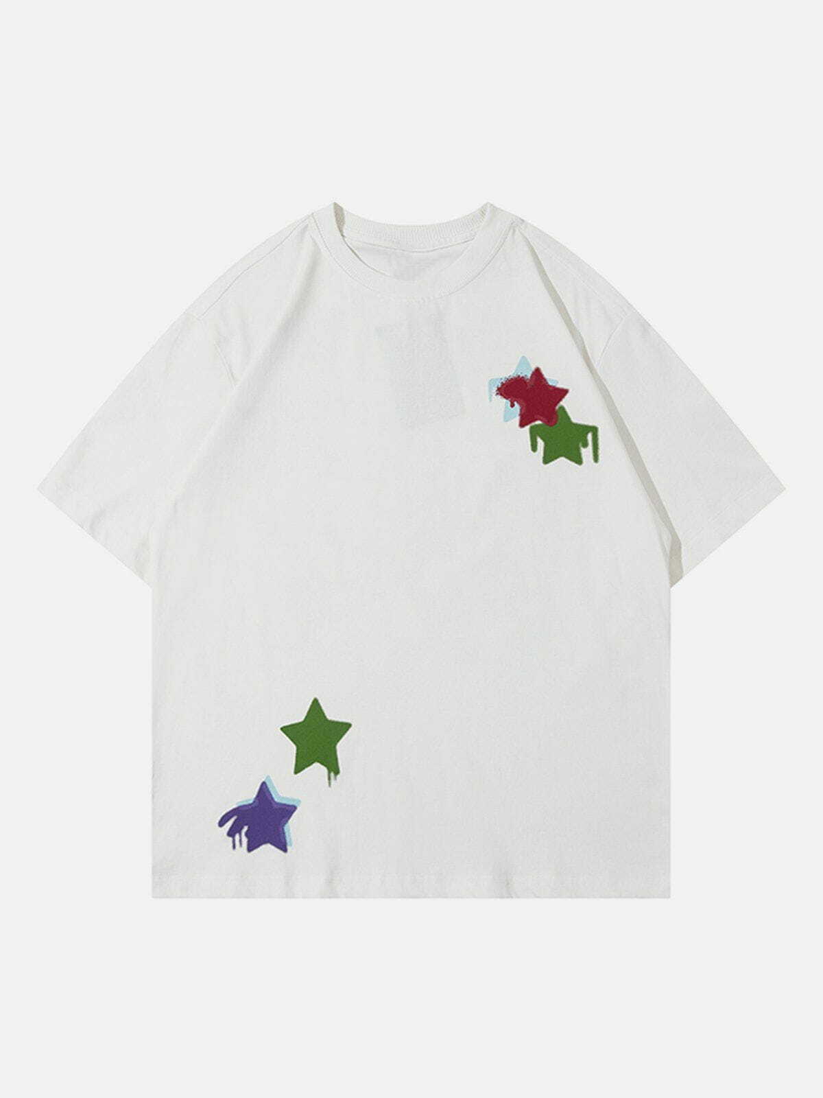 Y2K Grunge Star Flocked Embroidered Tee - Vintage 90s Aesthetic Summer Outfit Essential