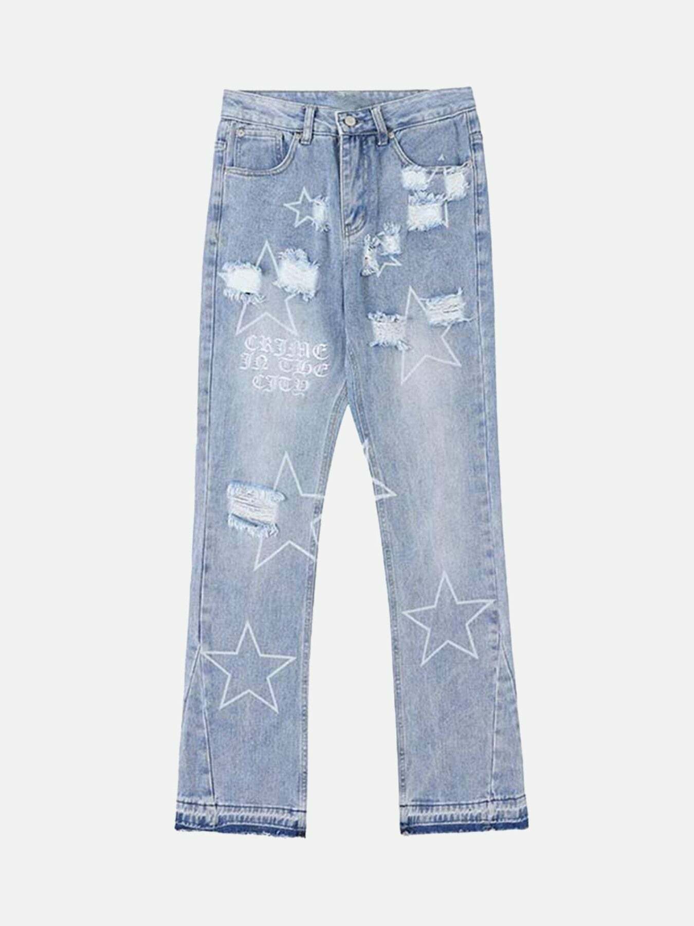 Y2K Grunge Star Print Ripped Jeans for Trendy Summer Outfits and Aesthetic Looks