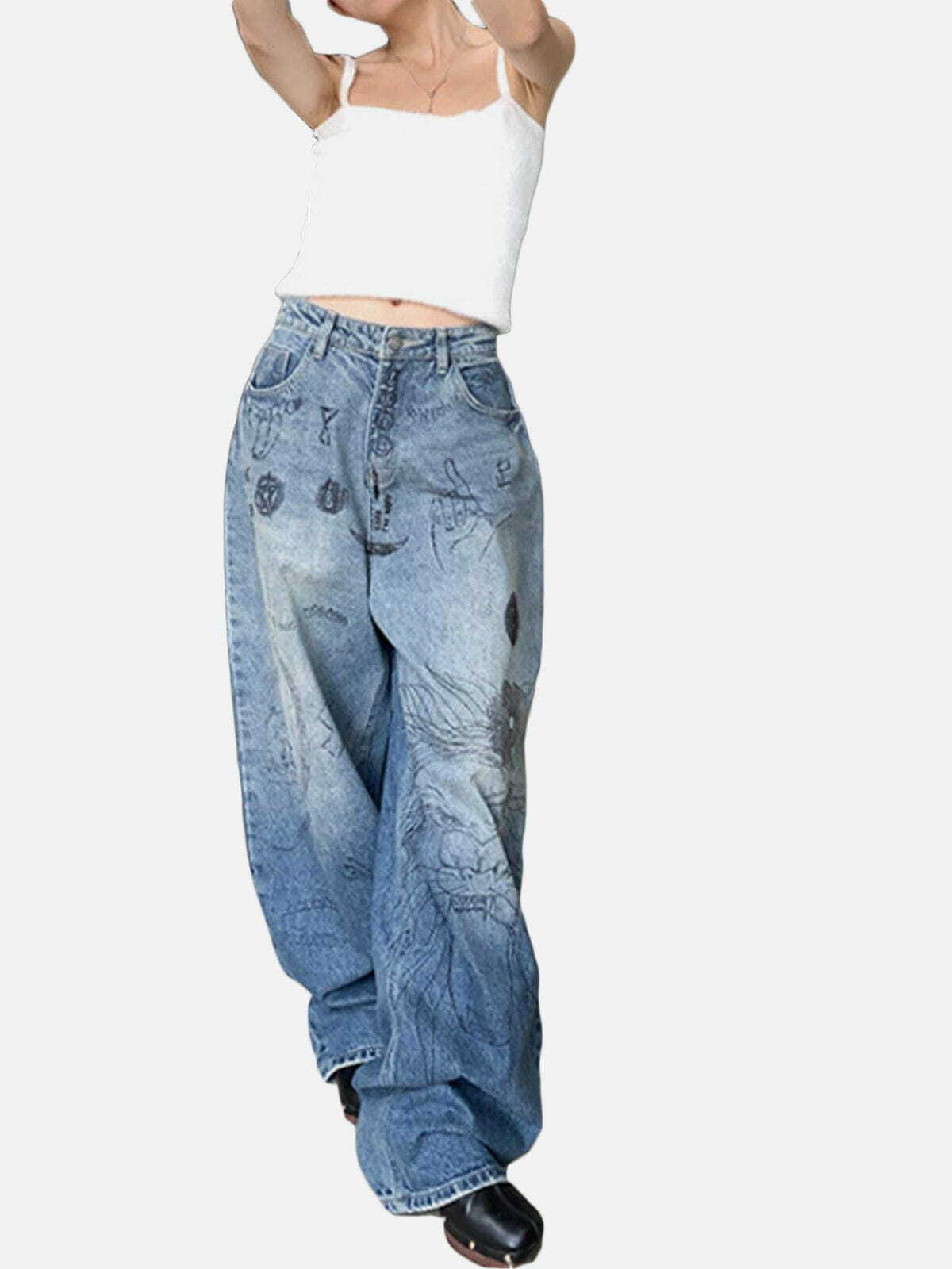 Y2K Grunge Watermark Jeans - Vintage 90s Style Baggy Jeans for Trendy Summer Outfits