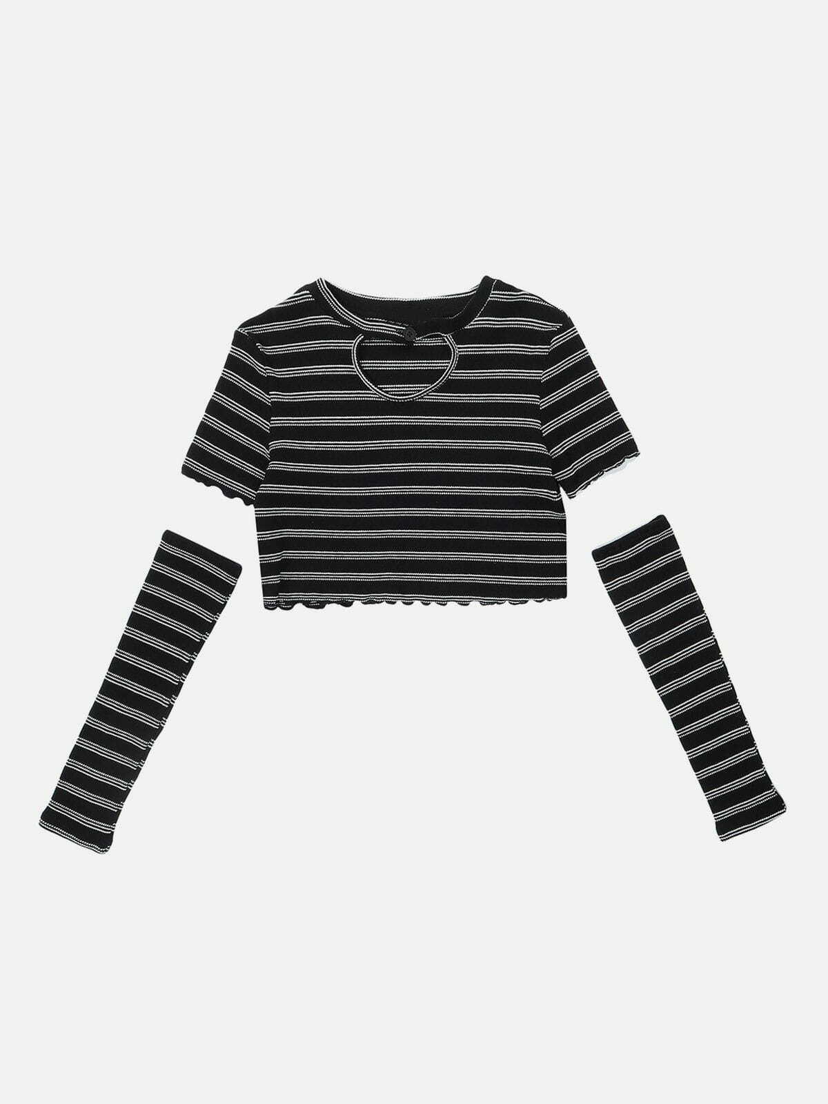 Y2K Heart Cut Stripe Crop Tee - Trendy Summer Top for Grunge, Coquette, and 90s Aesthetic Outfits