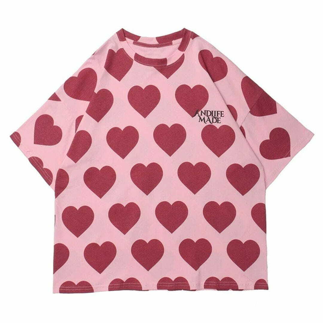 Y2K Heart Print Cotton Tee - Cute Summer Outfit, Grunge Aesthetic, 90s Fashion Vibes