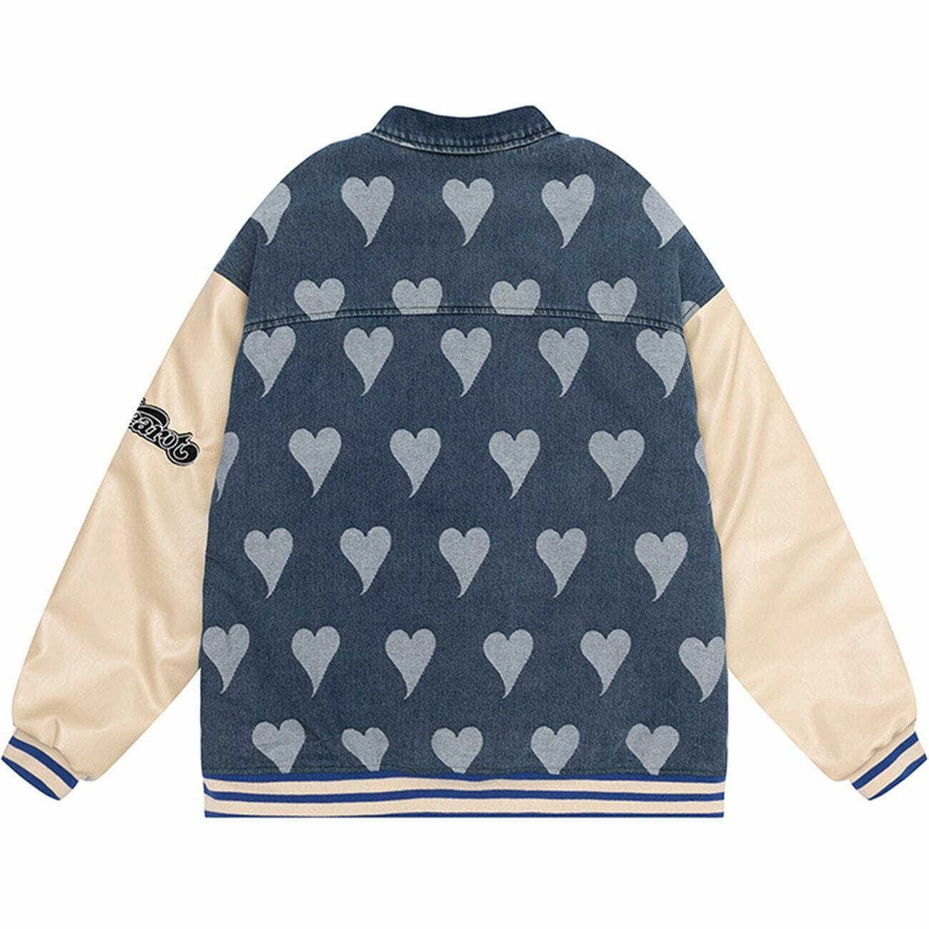 Y2K Heart Print Embroidered Color Block Winter Coat - Trendy 90s Grunge Aesthetic Outerwear