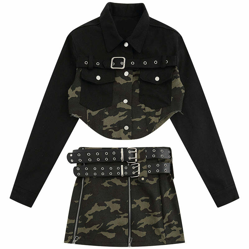 Y2K Irregular Camouflage Jacket Set - Trendy Grunge Aesthetic for Summer Outfits & 90s Fashion