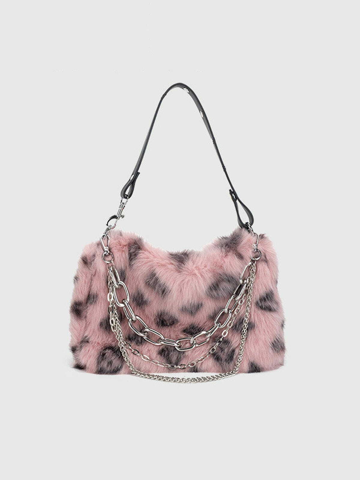 Y2K Leopard Fleece Chain Bag - Trendy 90s Fashion Accessory for Grunge & Coquette Aesthetic