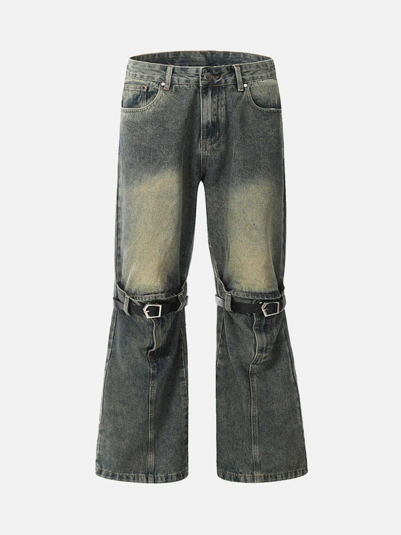 Y2K Micro Flare Jeans with Patchwork Tie Design - Trendy 90s Grunge Aesthetic Denim