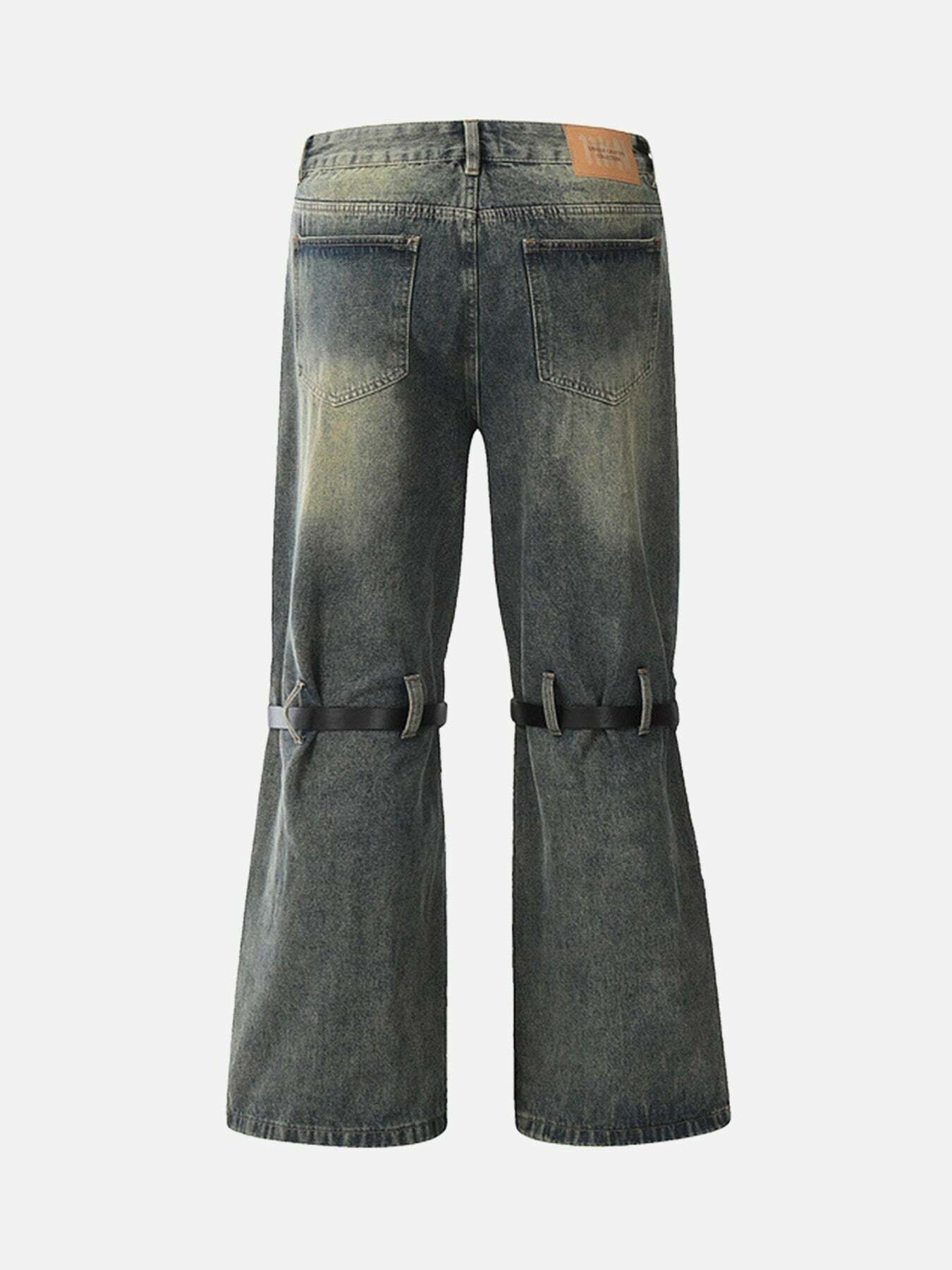 Y2K Micro Flare Jeans with Patchwork Tie Design - Trendy 90s Grunge Aesthetic Denim