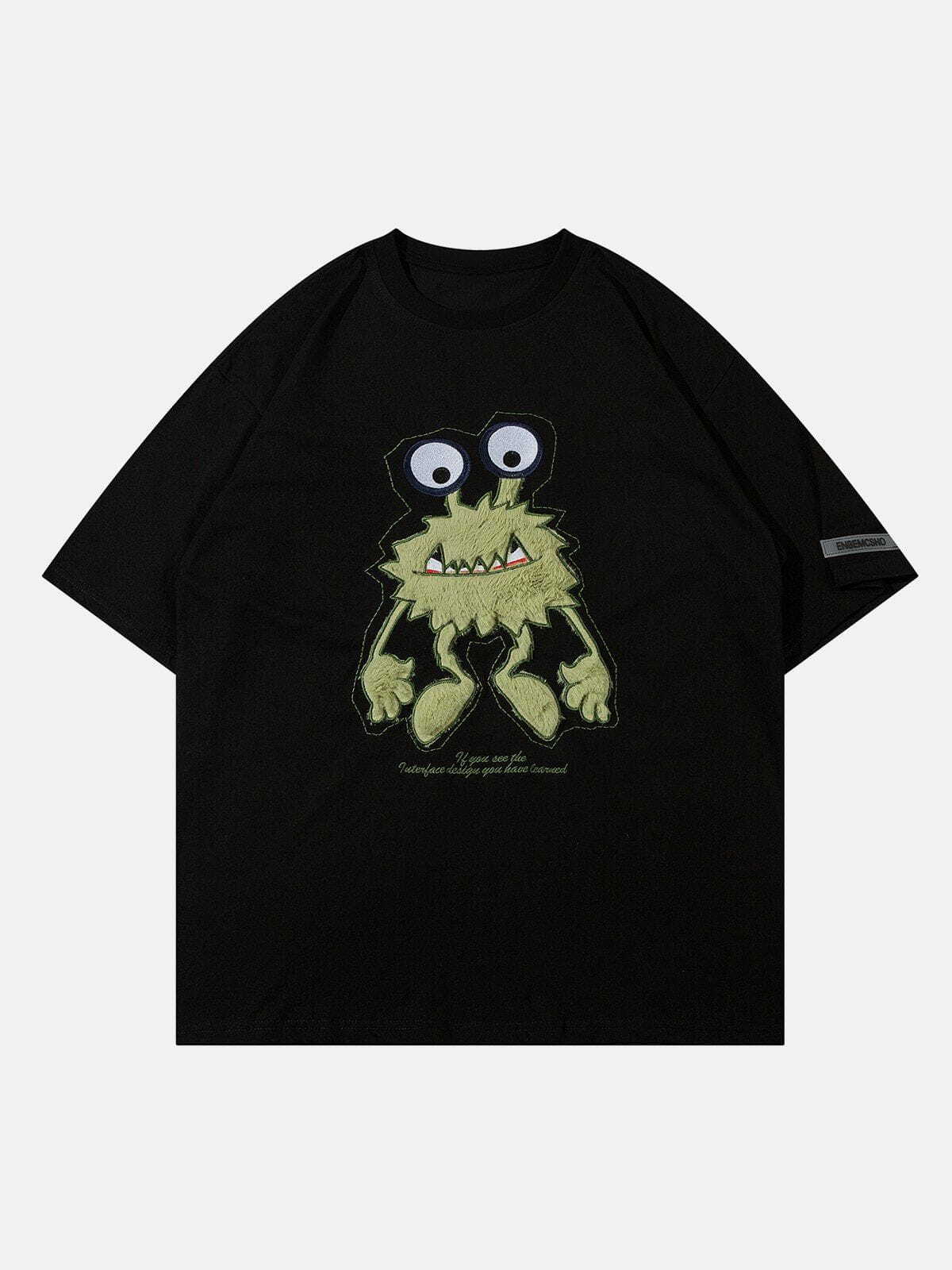 Y2K Monster Embroidery Print Tee - Grunge Aesthetic, 90s Fashion, Cute Outfits, and Summer Vibes