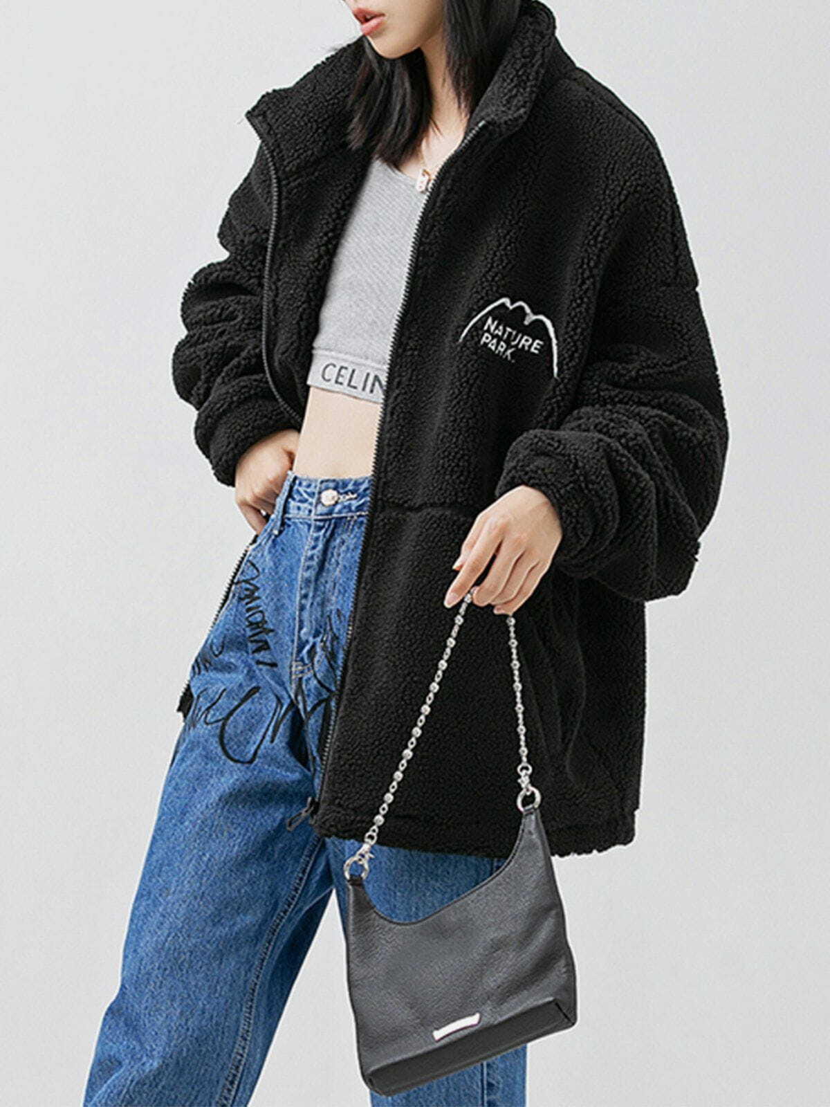 Y2K Mountain Embroidered Sherpa Coat - Cozy Grunge Style for 2000s Fashion Lovers