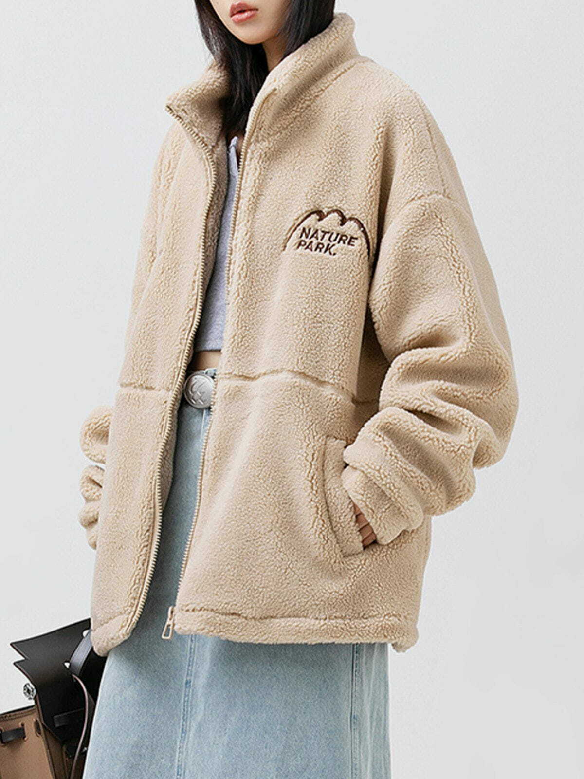 Y2K Mountain Embroidered Sherpa Coat - Cozy Grunge Style for 2000s Fashion Lovers