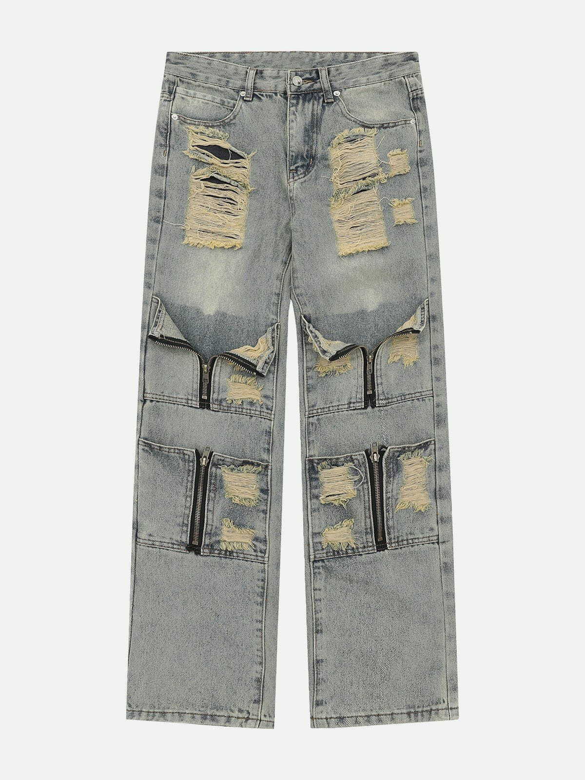 Y2K Multi Hole Zip Up Jeans - Grunge Aesthetic Cargo Pants for 2000s Fashion Lovers