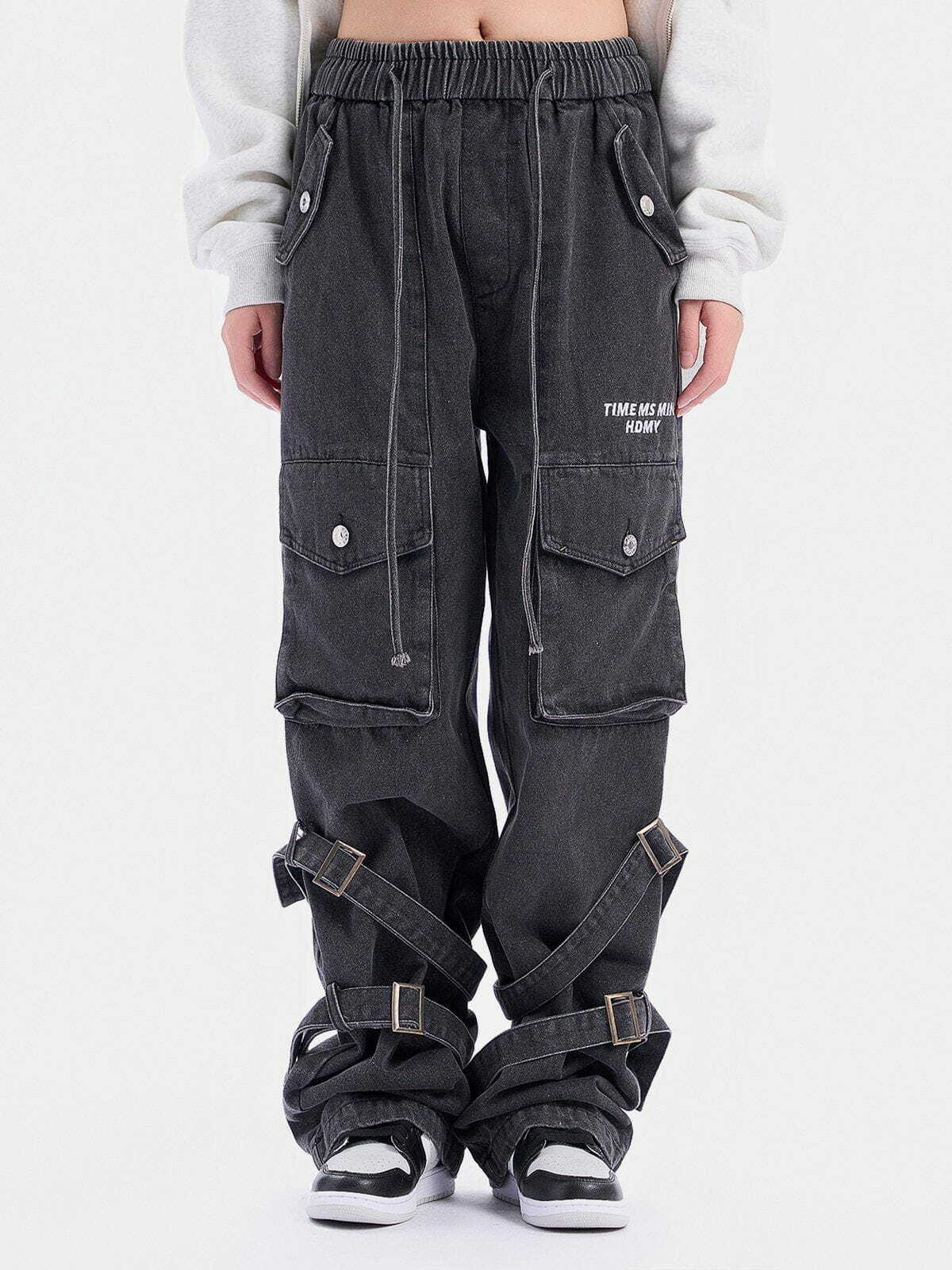 Y2K Multi-Pocket Lace-Up Jeans: Grunge Style Cargo Pants for 90s Fashion Aesthetic Outfits