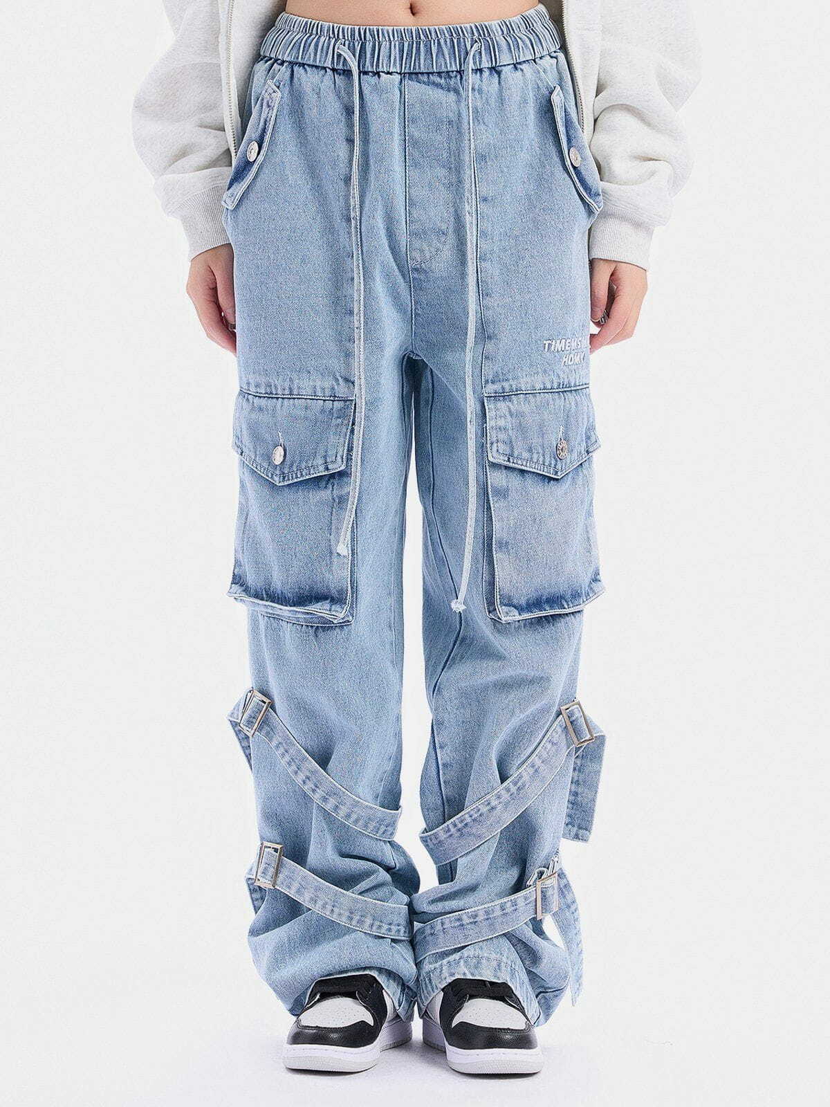 Y2K Multi-Pocket Lace-Up Jeans: Grunge Style Cargo Pants for 90s Fashion Aesthetic Outfits