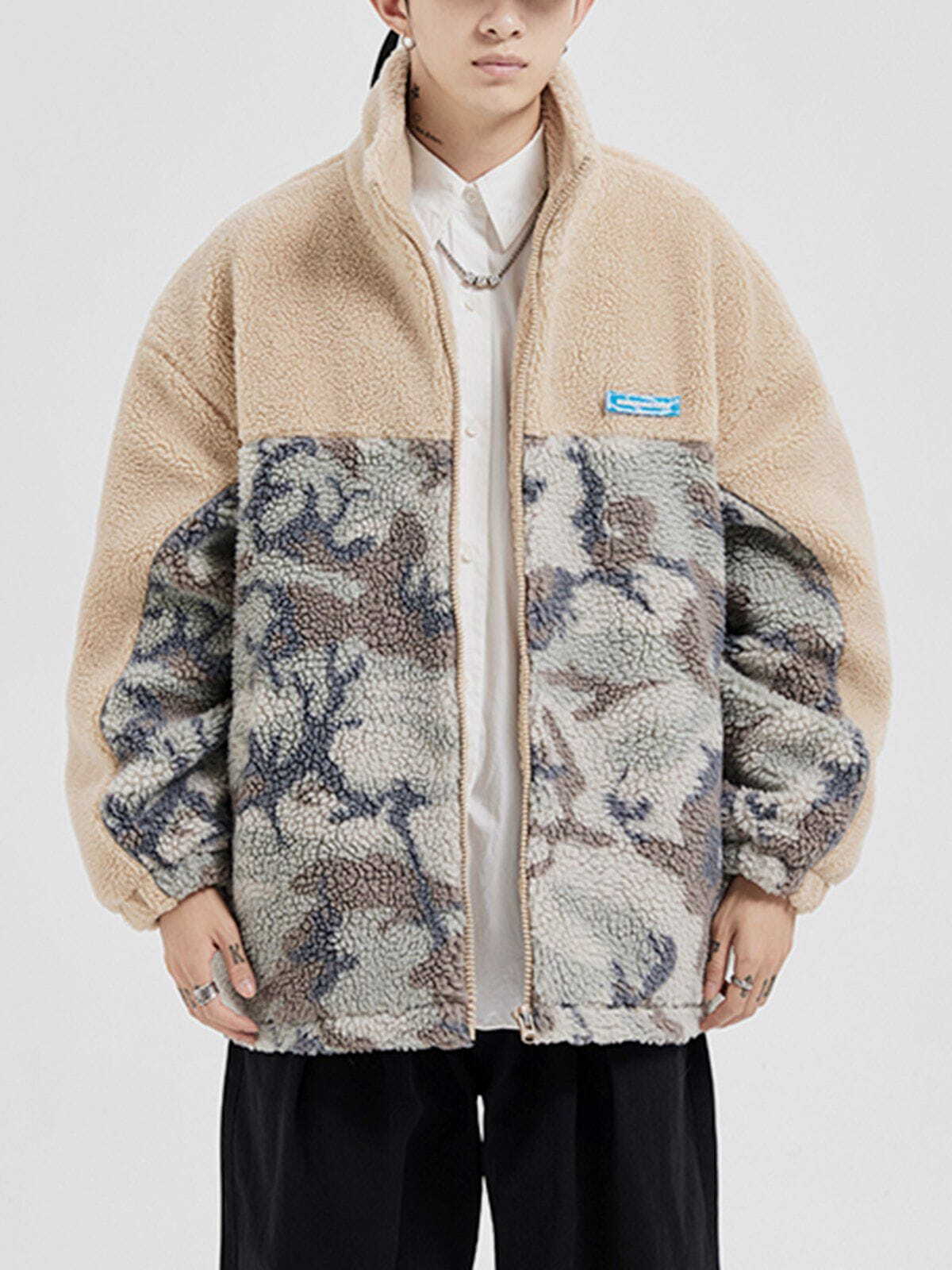 Y2K Patchwork Camouflage Sherpa Coat - Grunge Aesthetic Outerwear for 2000s Fashion Lovers