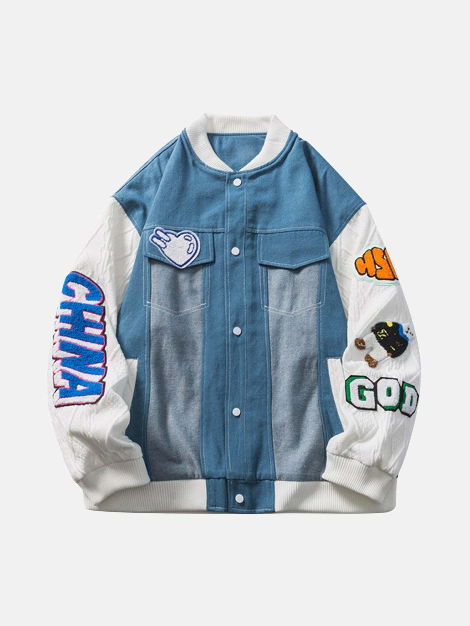 Y2K Patchwork Denim Baseball Jacket with Embroidery - Vintage 90s Grunge Aesthetic Outerwear