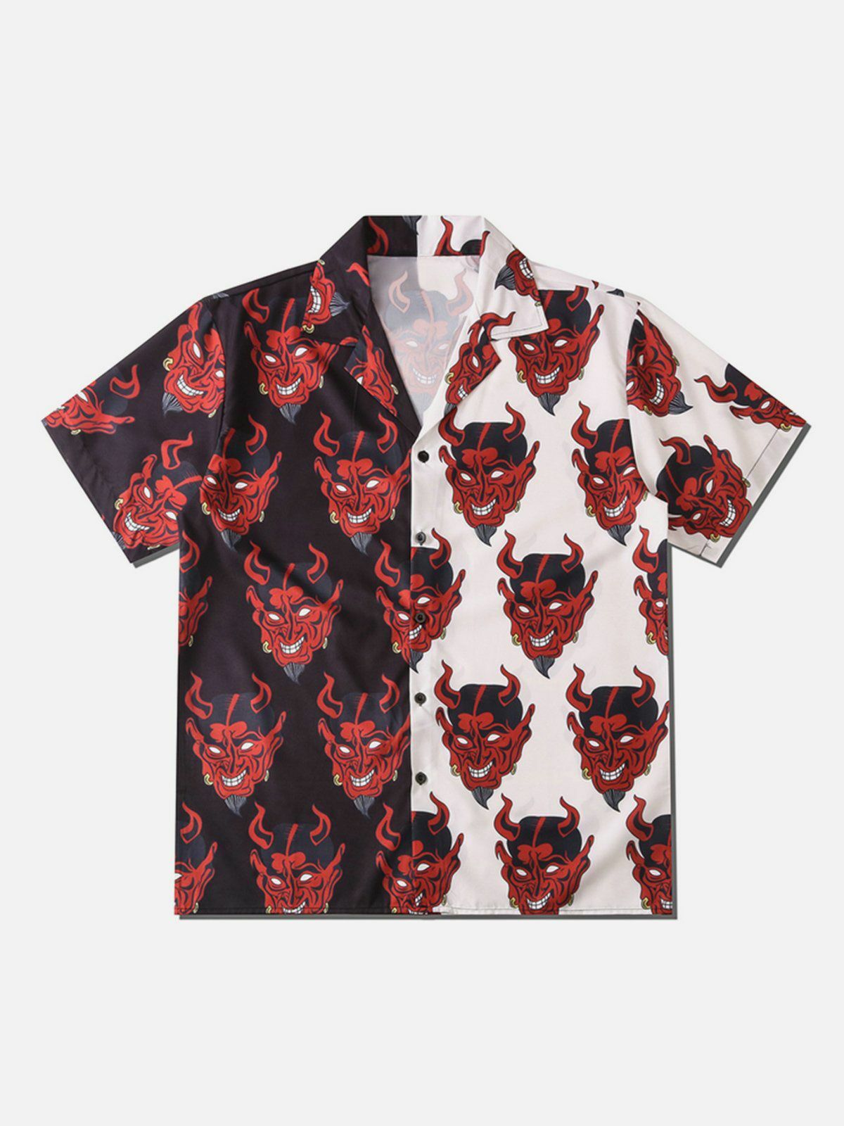 Y2K Patchwork Devil Short Sleeve Shirt - Trendy Grunge Aesthetic for Summer Outfits & 90s Vibes