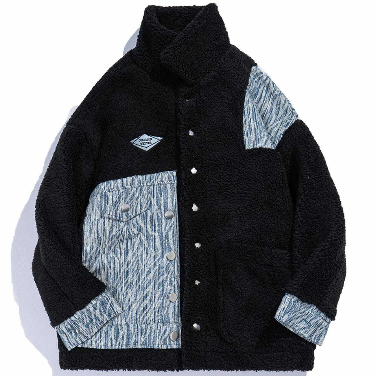 Y2K Patchwork Embroidery Sherpa Coat - Cozy Grunge Style for Winter Outfits & Aesthetic Looks