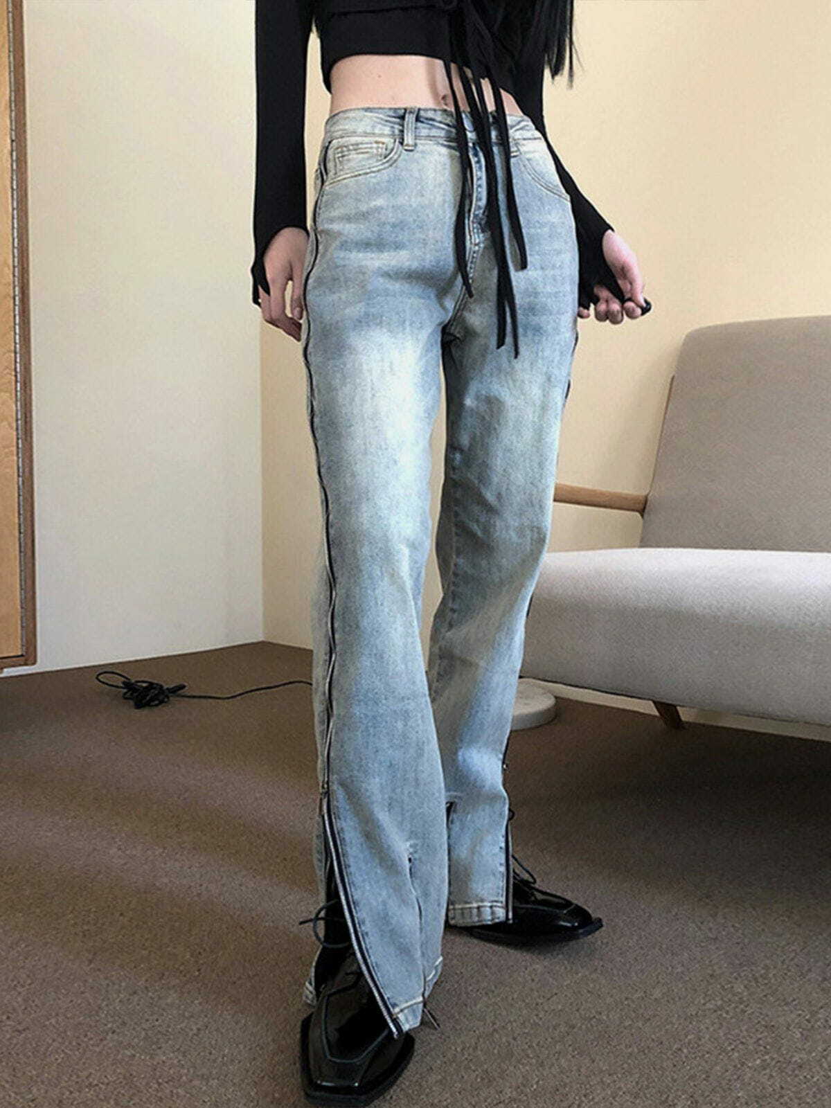 Y2K Patchwork High Rise Straight Leg Jeans - Trendy 90s Grunge Style for Effortless Summer Outfits