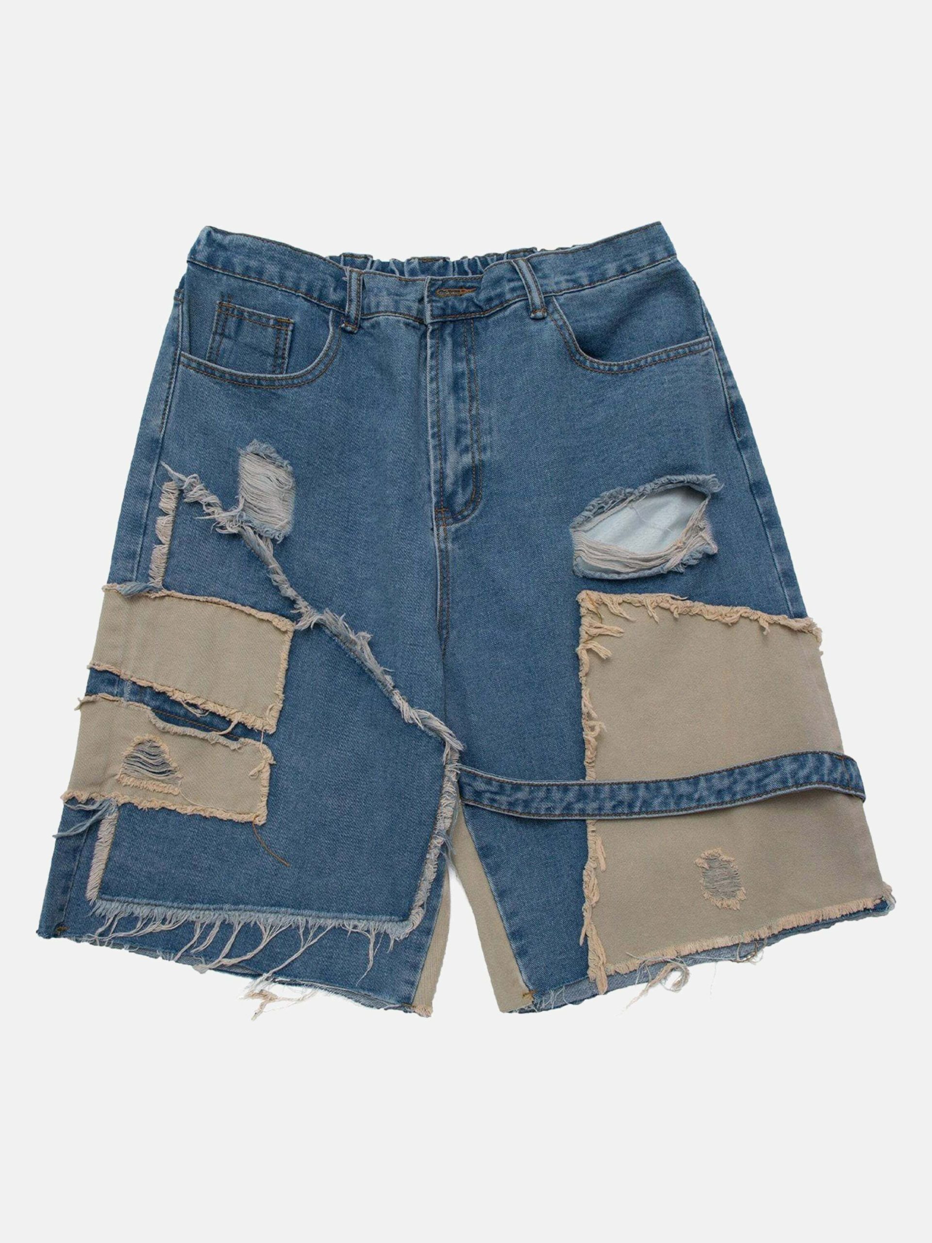 Y2K Patchwork Irregular Ripped Denim Shorts - Trendy Grunge Summer Outfit for Aesthetic Vibes