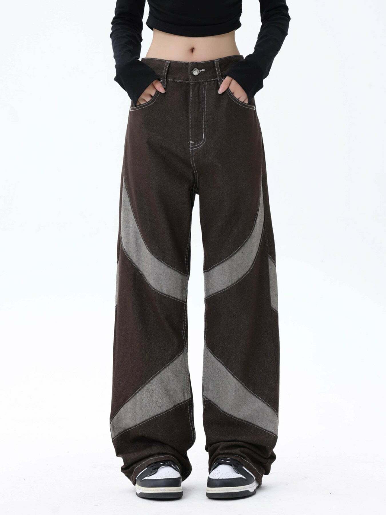 Y2K Patchwork Jeans: Trendy 90s Grunge Style with Wide Leg Fit for Aesthetic Summer Outfits