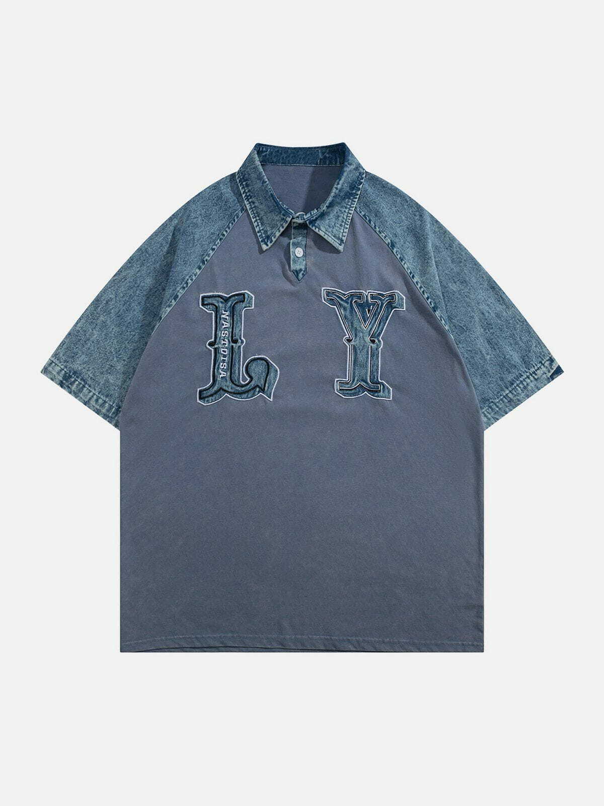 Y2K Patchwork Polo Collar Tee - Trendy 90s Fashion Top for Grunge & Coquette Aesthetic Outfits