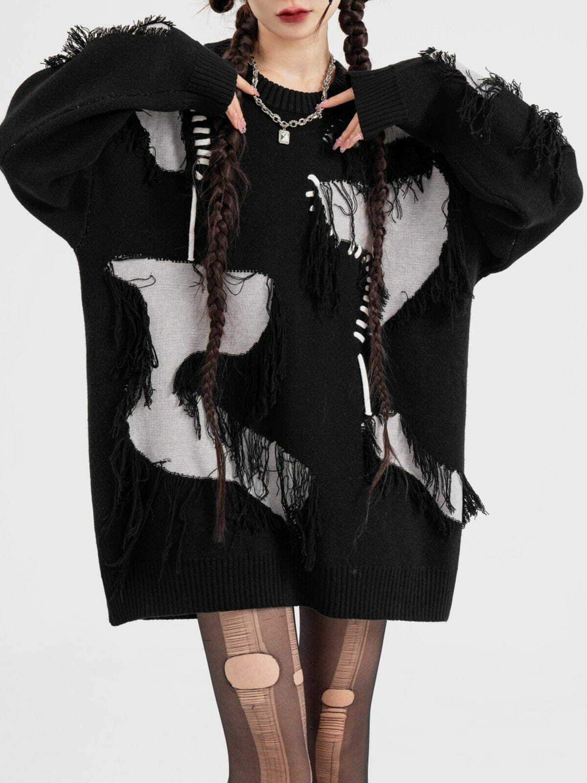 Y2K Patchwork Tassel Sweater - Trendy Grunge Aesthetic for 2000s Fashion Lovers